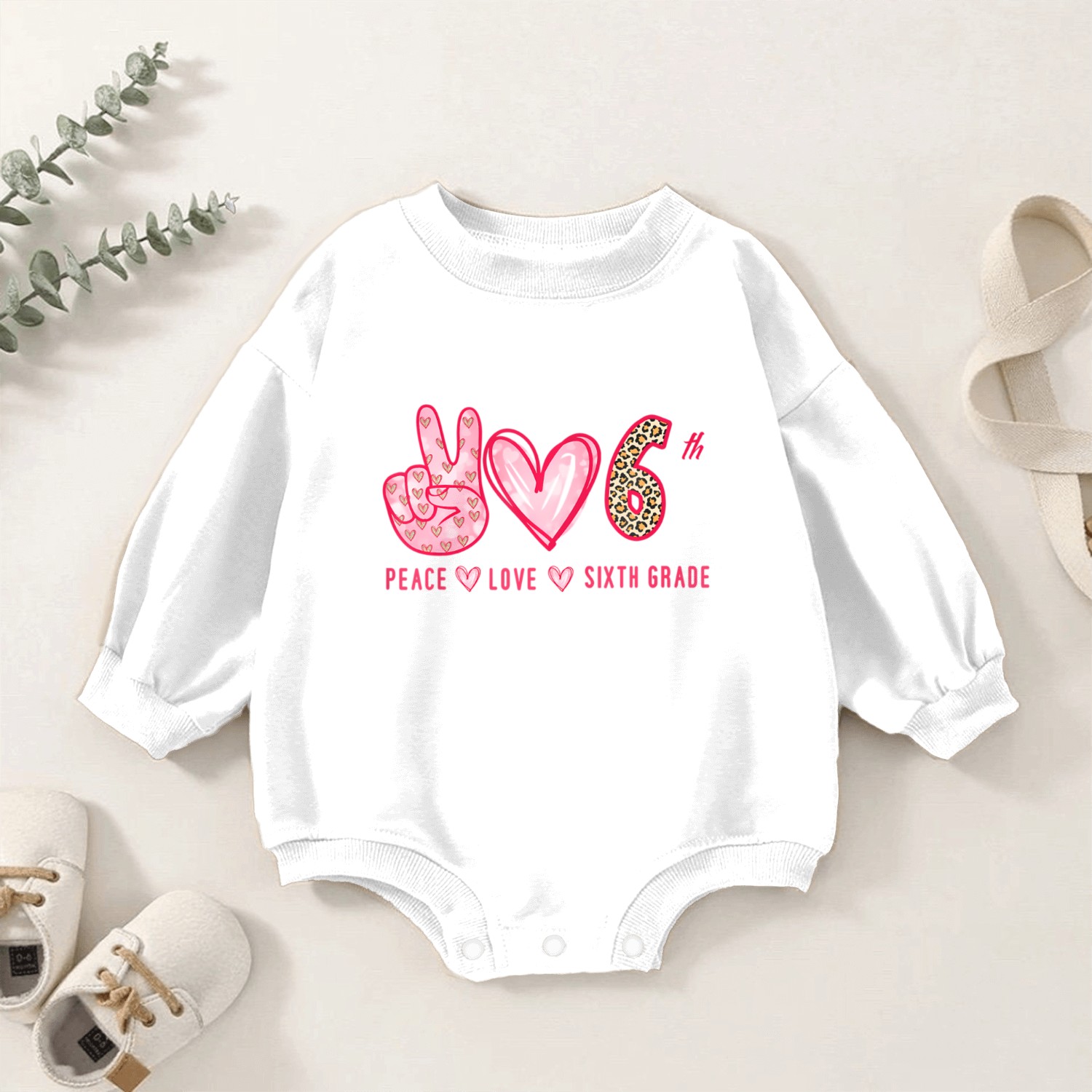 Peace Love 6th Grade Squad Leopard Student Back To Baby Romper Sweatshirts