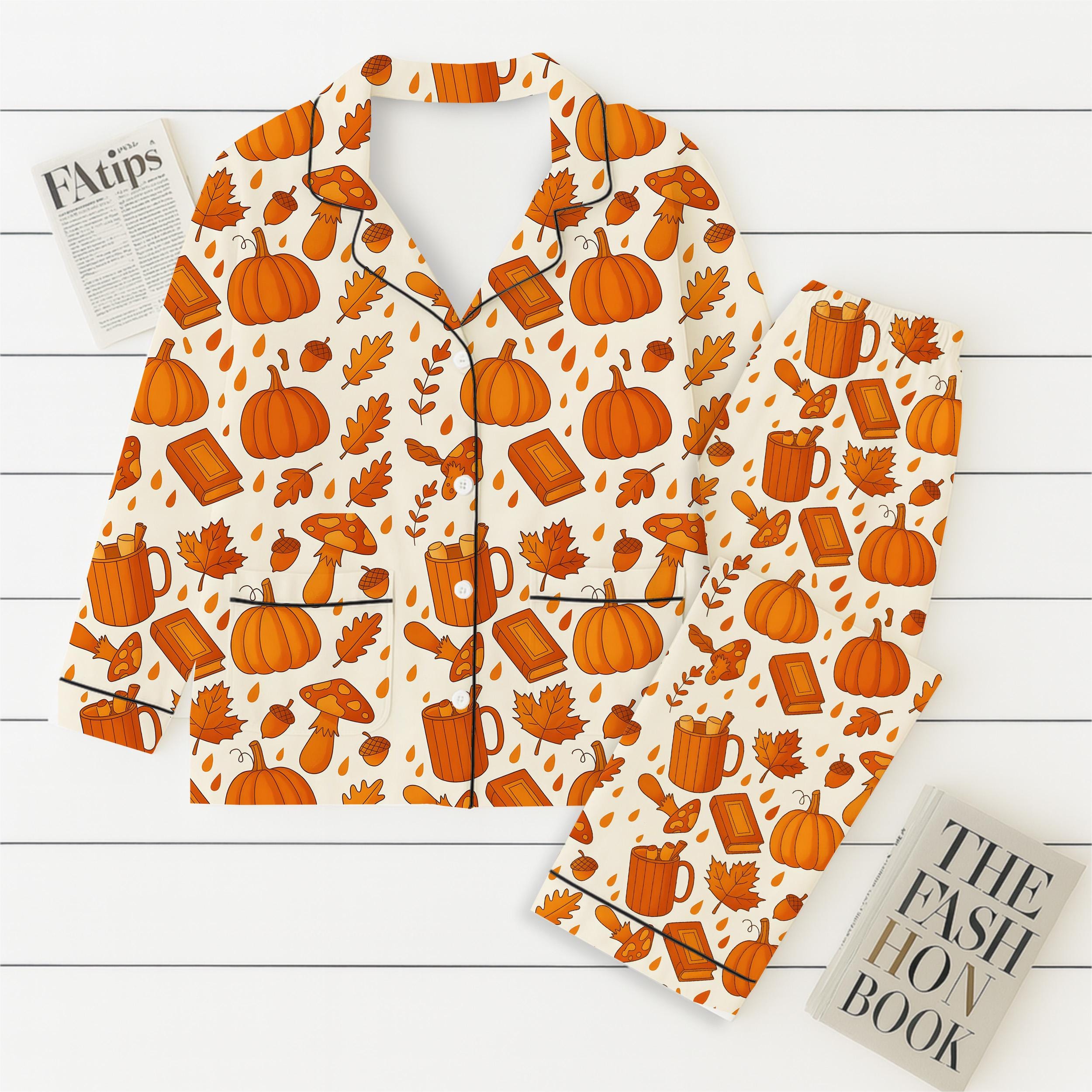 Autumn Pumpkin Pajamas Set, Cozy Fall Sleepwear, Fall Leaf Shirt