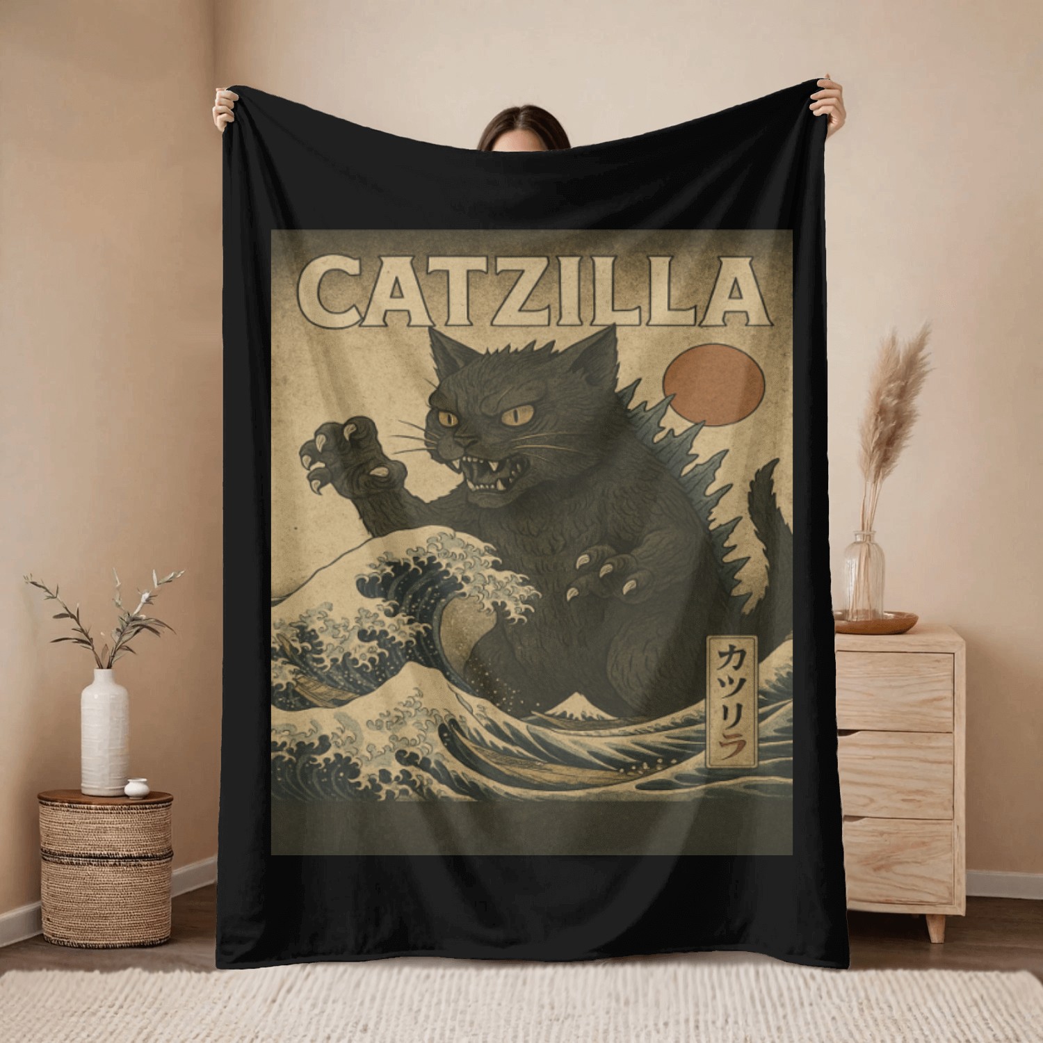Ukiyo-e Catzilla Retro Japanese Monster Cat Throw Blankets