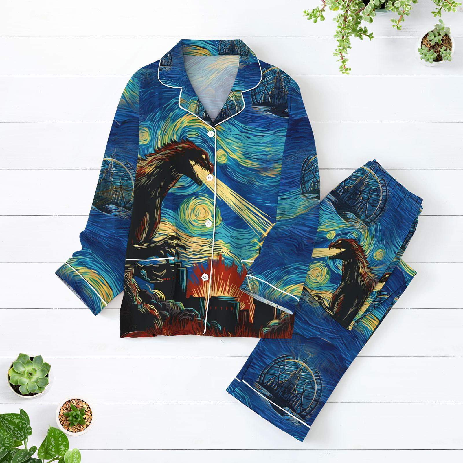 god zilla Pajamas Set, Dinosaur Midnight Pajamas, King of Monsters Long Sleeve Pajamas, god zilla Lover Gift, Dadzilla Sleepwear For Men