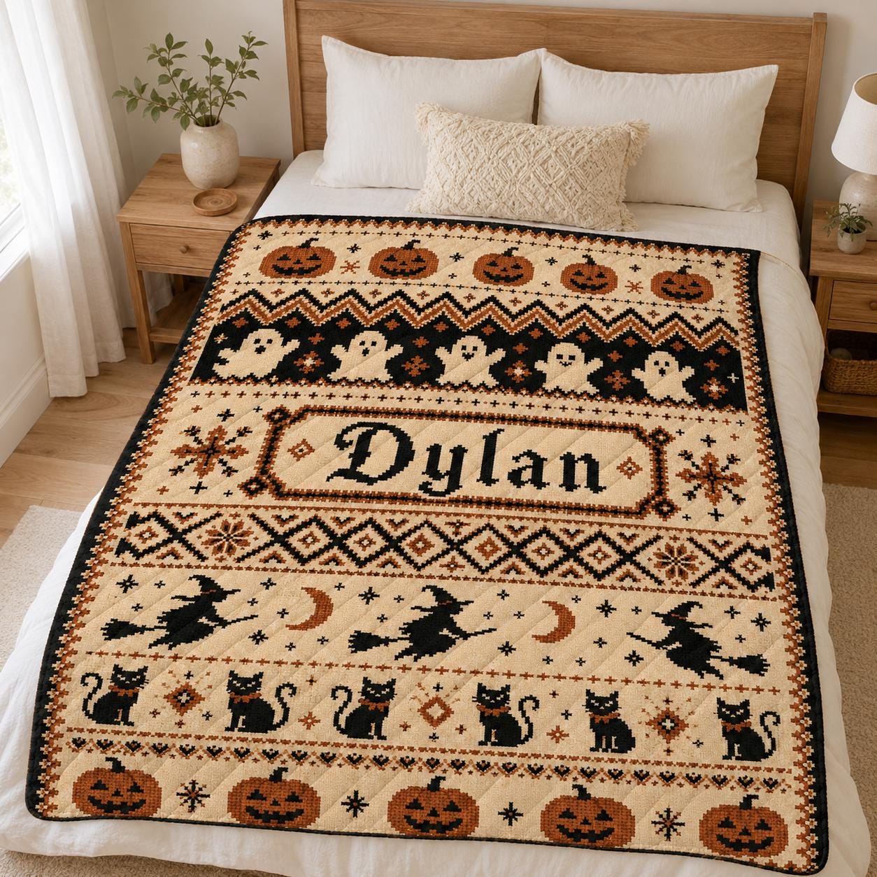 Personalized Halloween Quilt Blanket, Custom Name Ghost Pumpkin Throw, Witch Cat Fall Home Decor