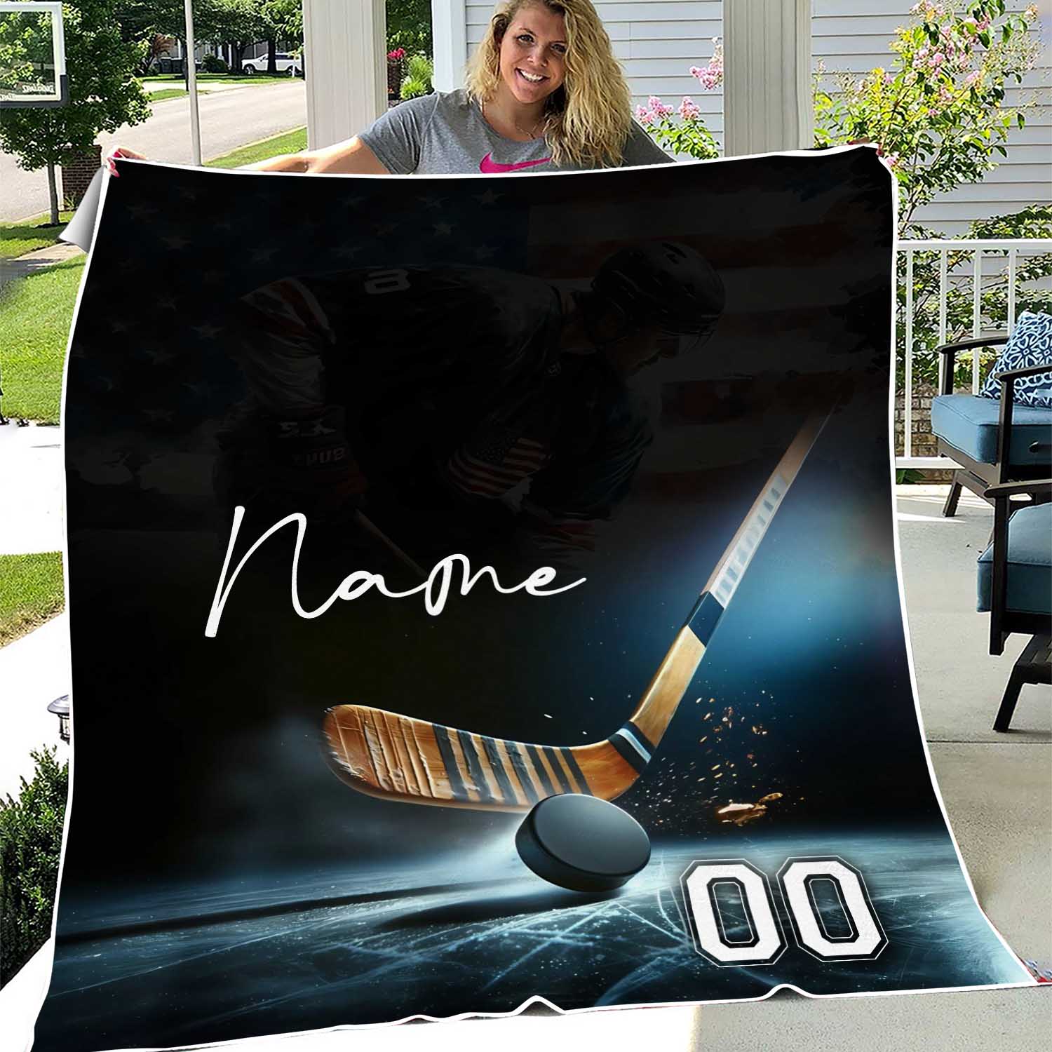 Personalized Hockey Player Blanket, Custom Name & Number Hockey Blanket