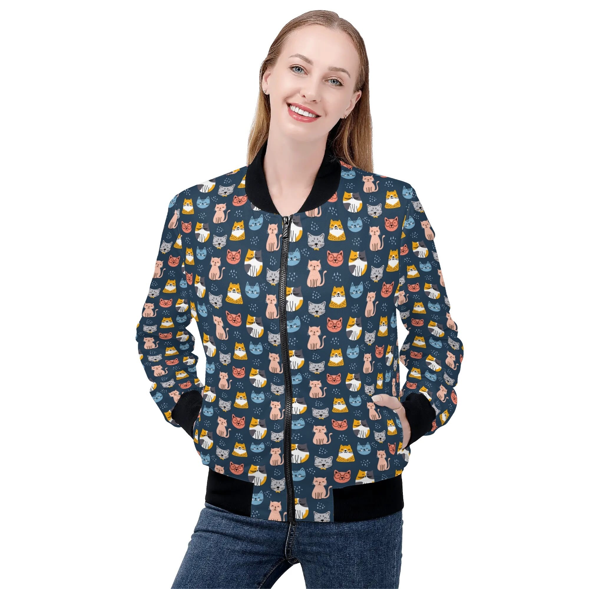 Cats Women Bomber Jacket, Cute Kittens Ladies Female Zip Up Streetwear