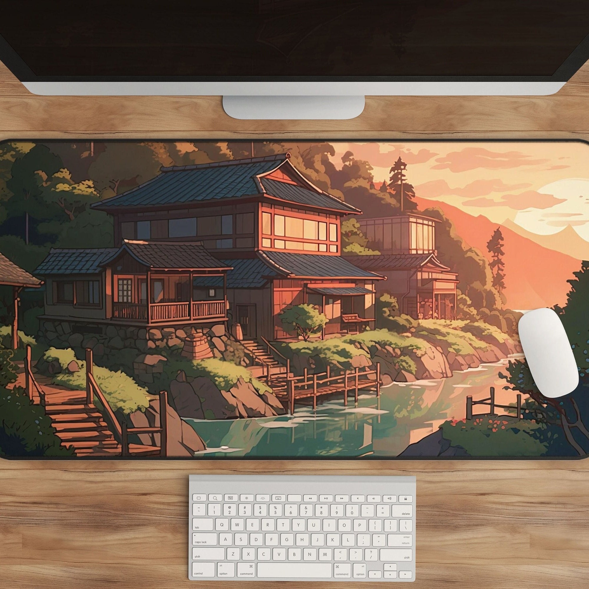 Anime Desk Mat - Japanese Mountain Village Scenic Long Mouse Pad for Gamers