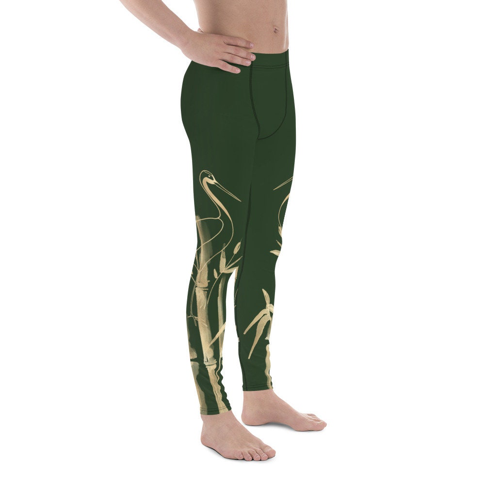Men's Leggings Gold Grane, Gold Bamboo Leaf, Myrtle Dark Green background