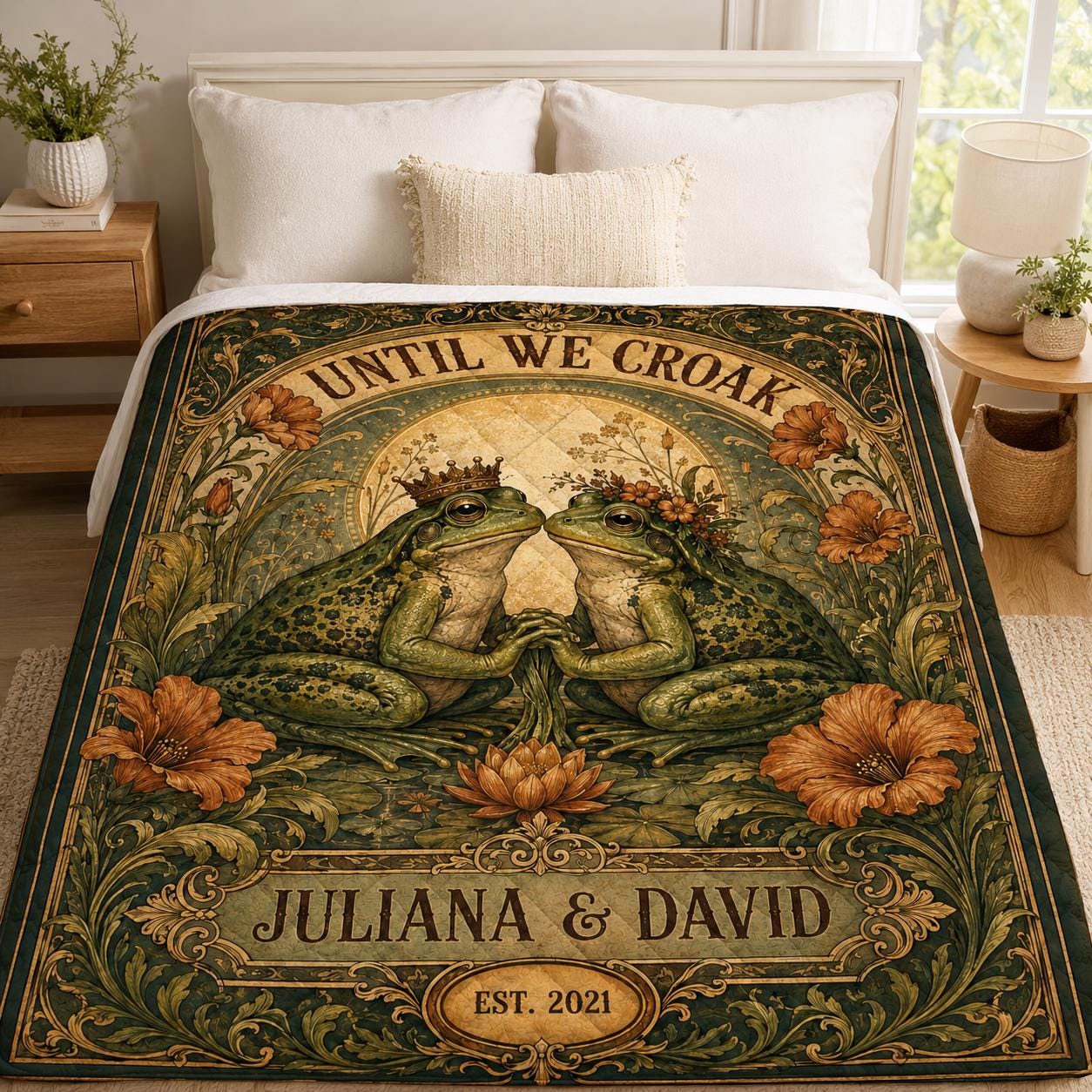 Personalized Frog Couple Quilt Blanket, Vintage Until We Croak Anniversary Decor