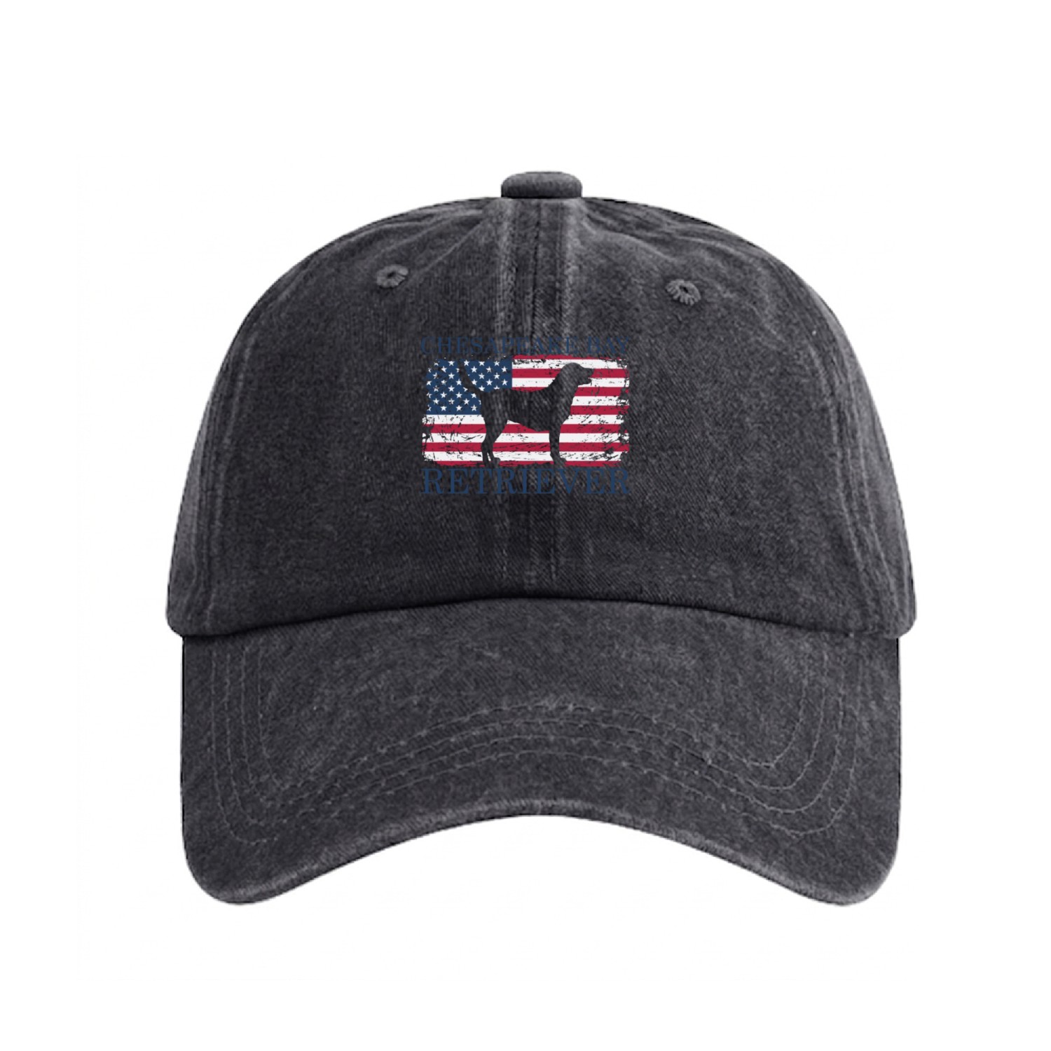 Chesapeake Bay Retriever with USA Flag Washed Denim Baseball Caps