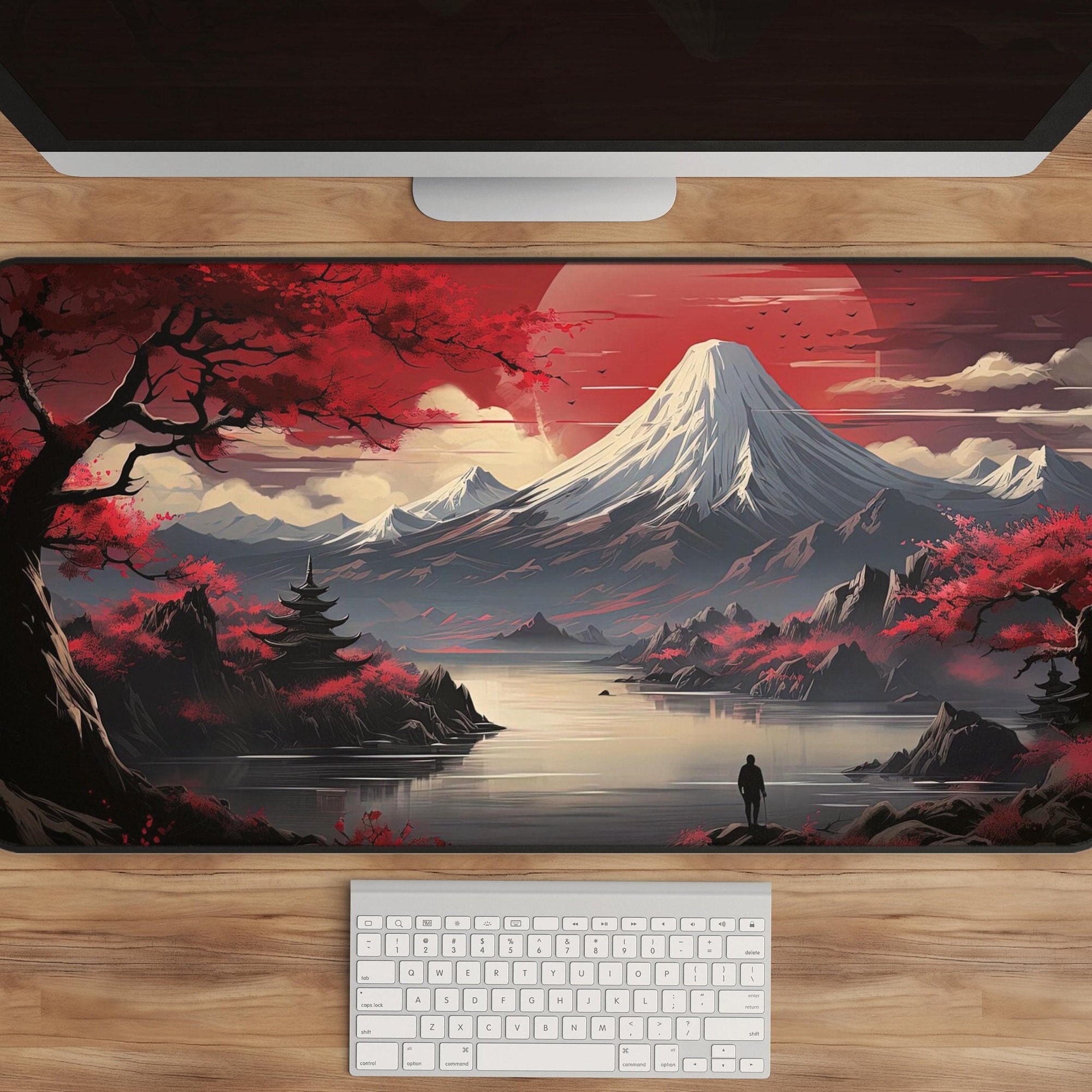 Samurai-Inspired Desk Mat with Japanese Red Mountain Scenery