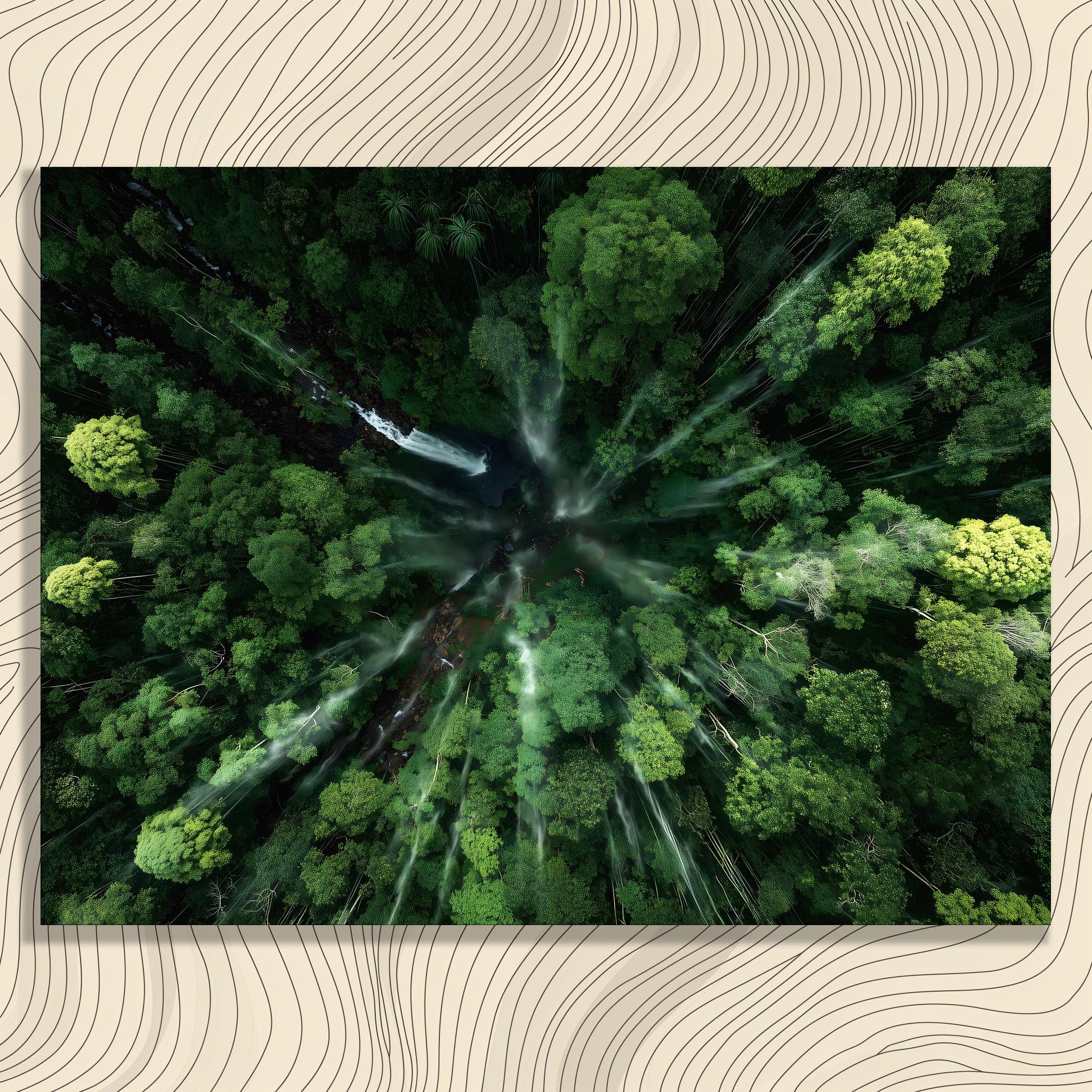 Aerial rainforest waterfall canvas wall art - jungle canopy top down nature photography decor green forest landscape statement wall print