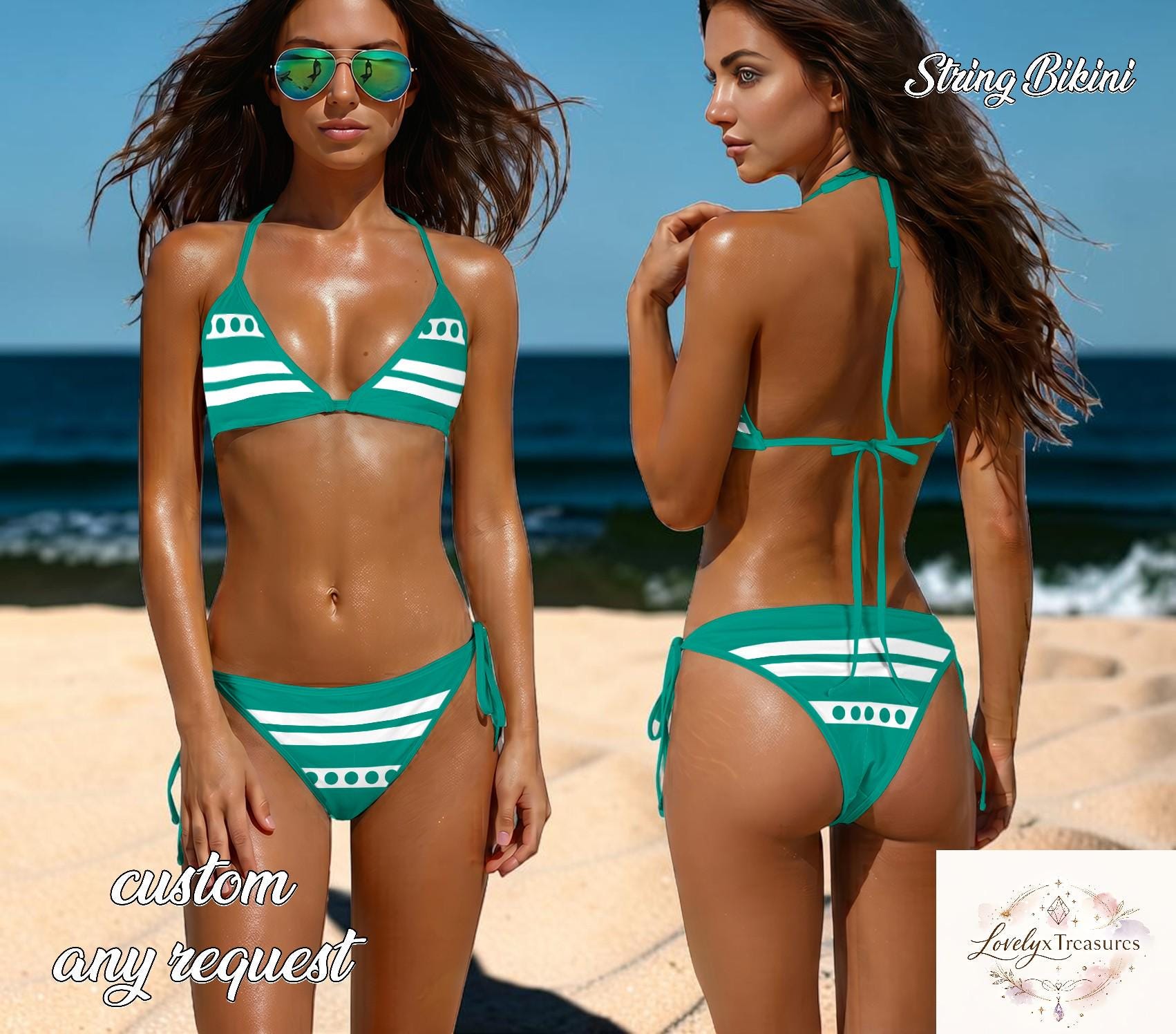 Green Striped String Bikini Set, Triangle Tie Side Swimsuit, Sexy Summer Beach Bikini Women, Minimalist Swimwear