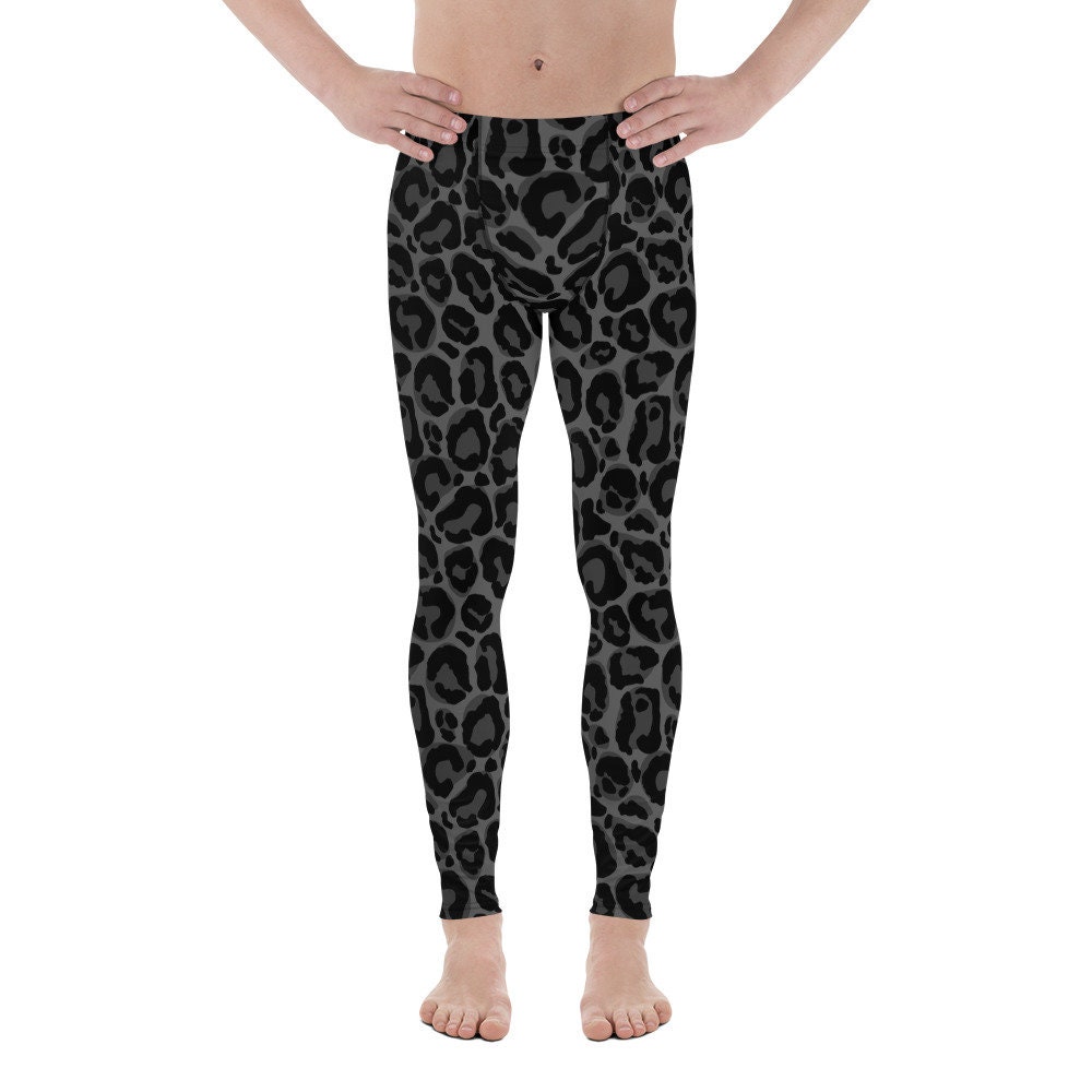 Black Leopard Men Leggings, Animal Print Panther Cheetah Jaguar Grey Guys Male Running