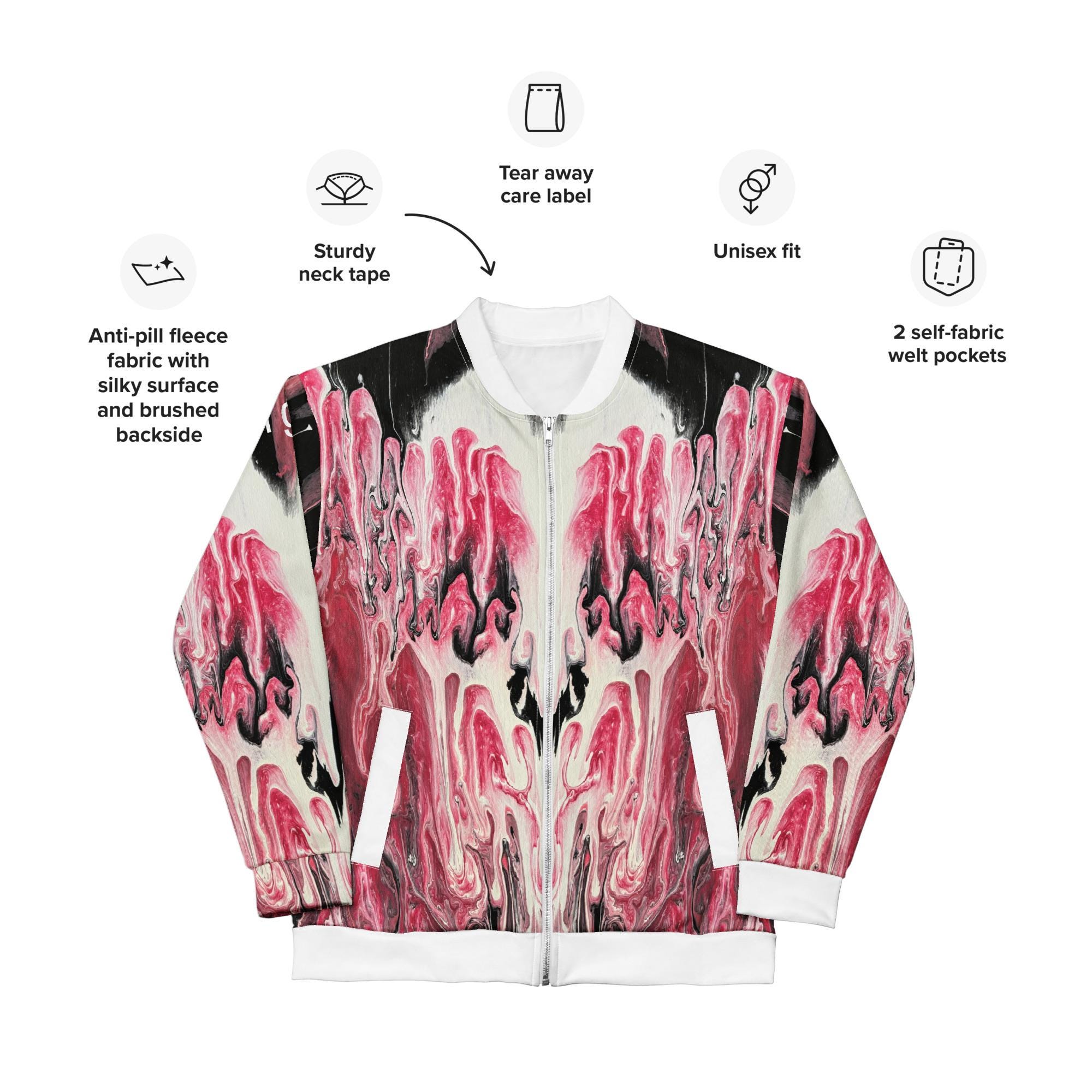 Red All-Over Print Bomber Jacket: Unisex Fleece Lined Streetwear
