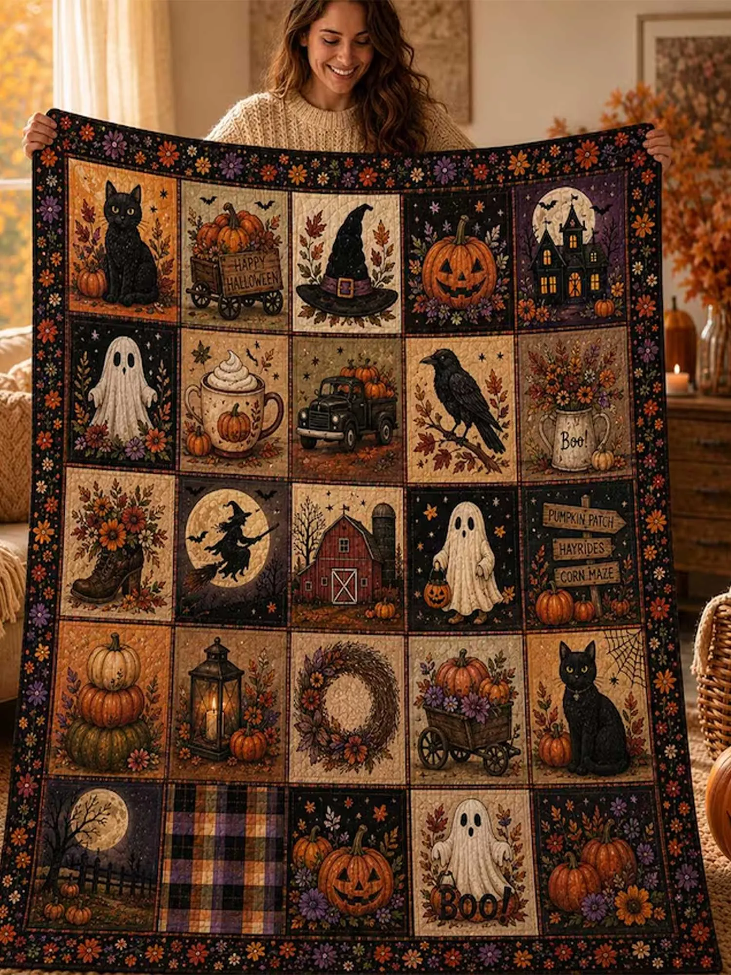 Halloween Fall Patchwork Quilted Blanket