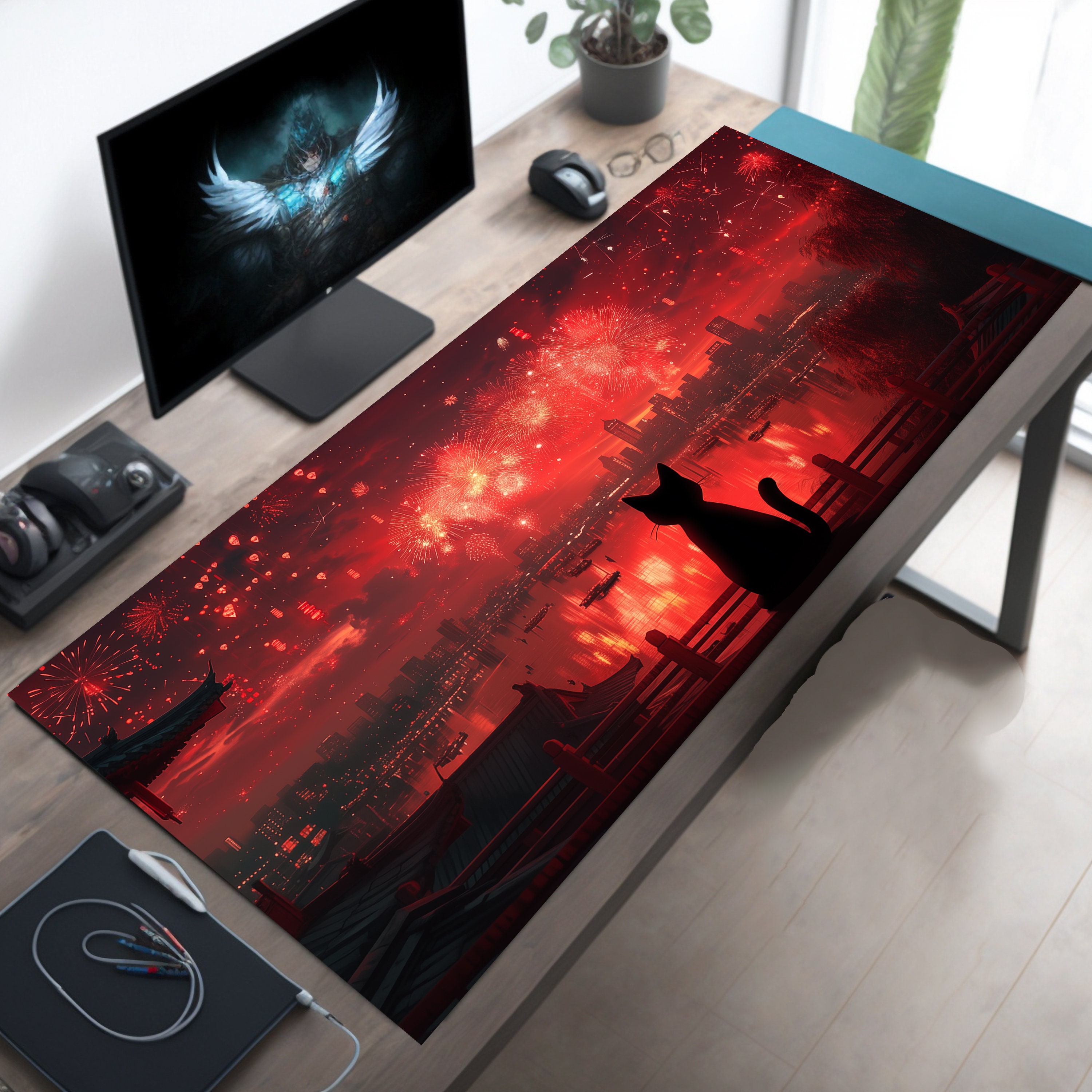 Fireworks Black Cat Gaming Desk Mat, Anime Mousepad XL, Lofi Desk Mat