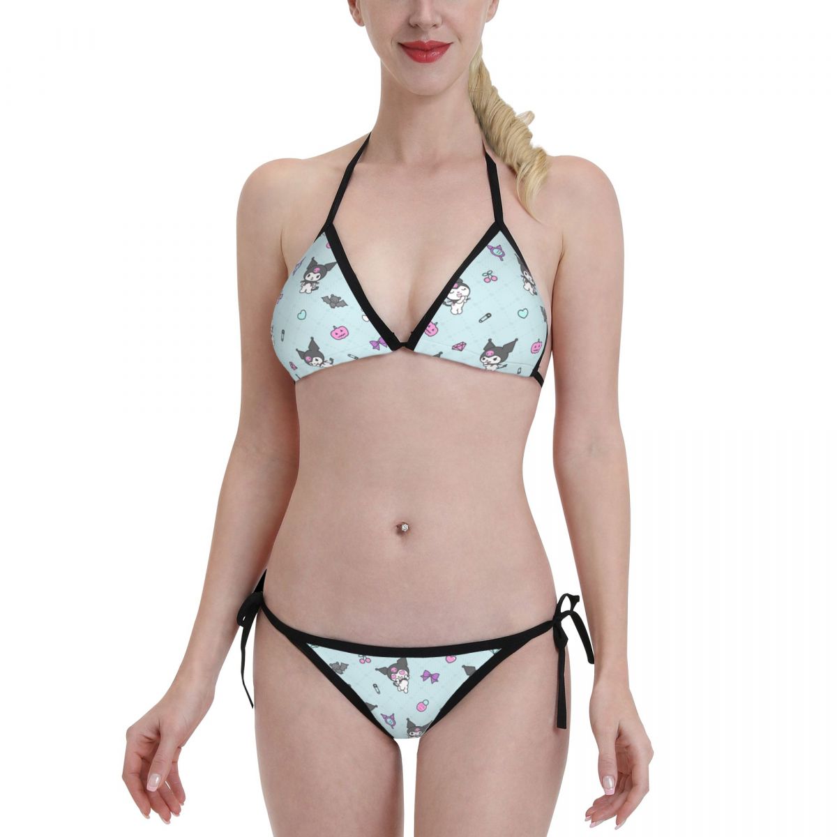 Summer Women's Sanrio Fun Kuromi Bikini Two Piece Swimsuit Sexy Ribbed Triangle Top Bathing Suits String Bikini Sets