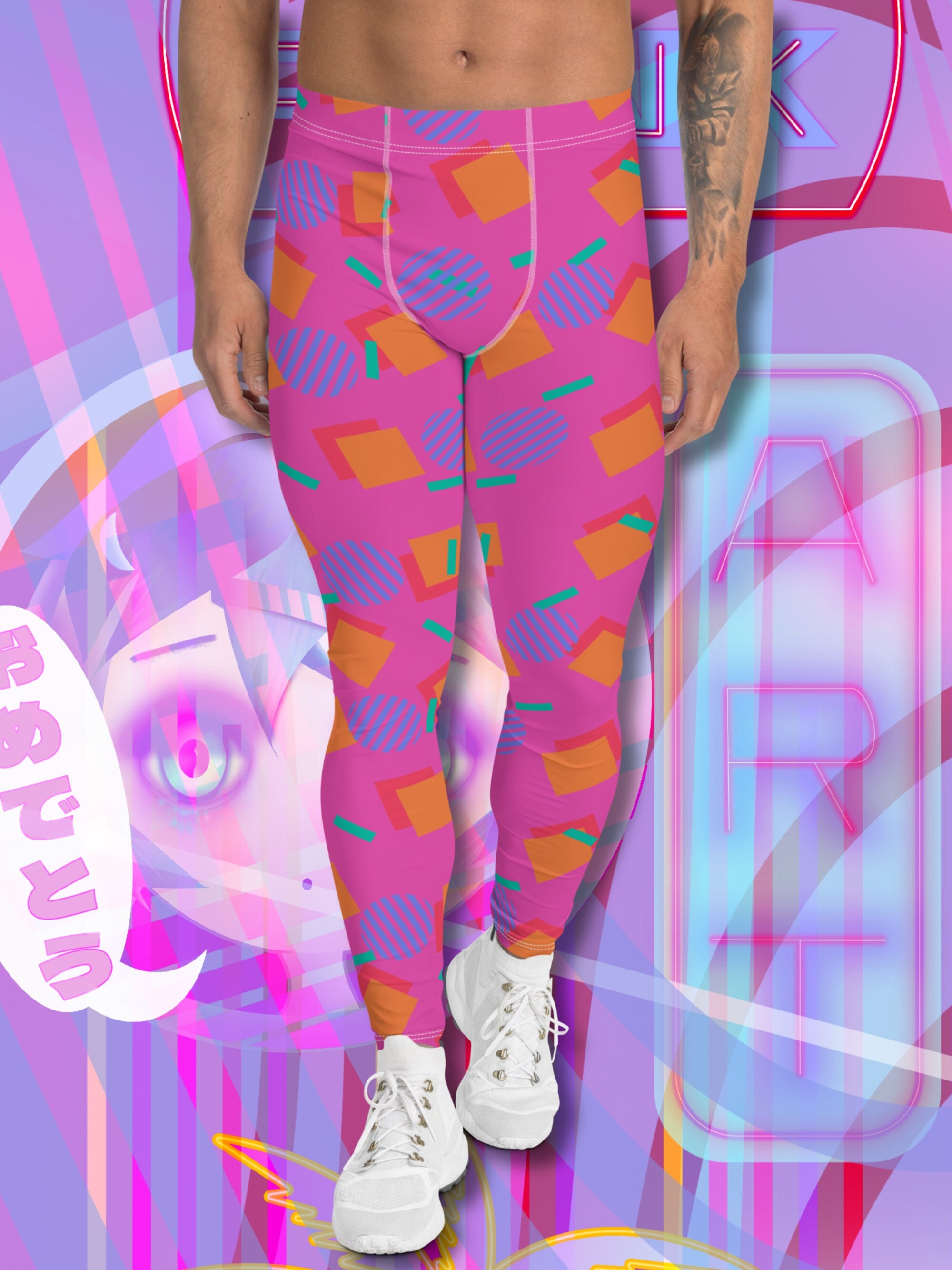 Mens Leggings Pink Harajuku Geometric Print, Festival Meggings