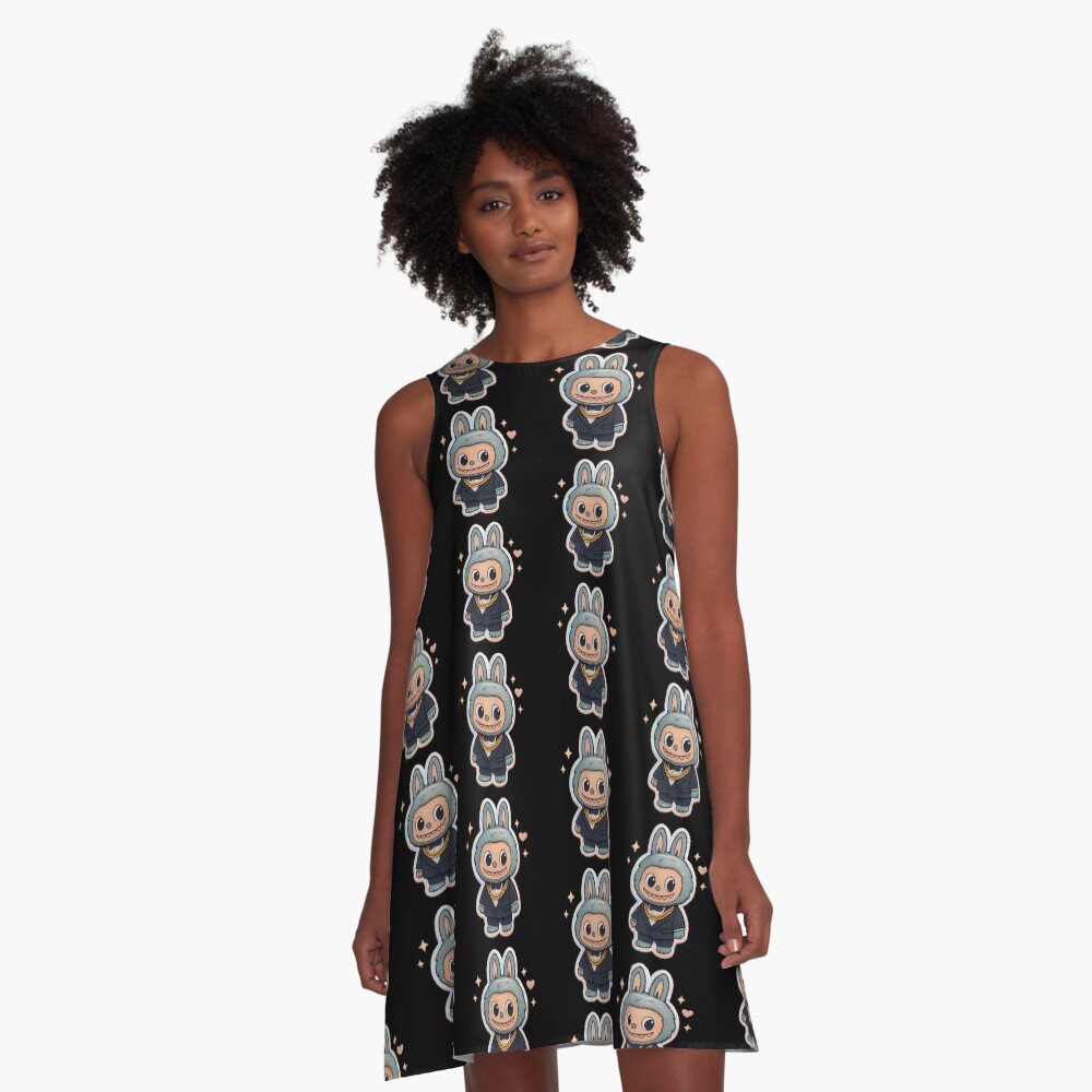 Luxury Labubu Tuxedo Monster Sticker A-Line Dress