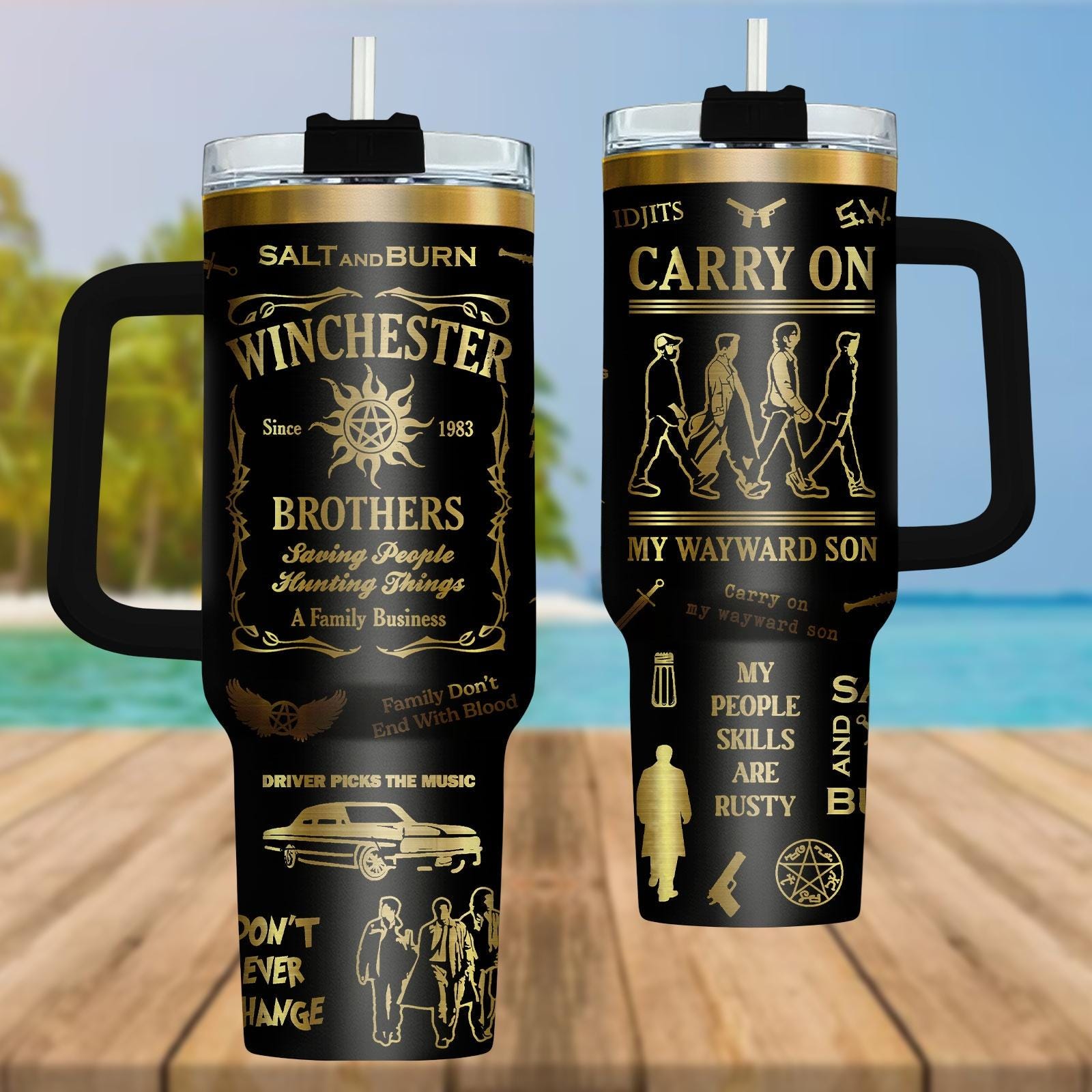 Supernatural Brothers Tumbler 40oz, Winchester Engraved Quote Cup, Salt And Burn Gold Black Fan Gift, Carry On Design Mug, Halloween Gi