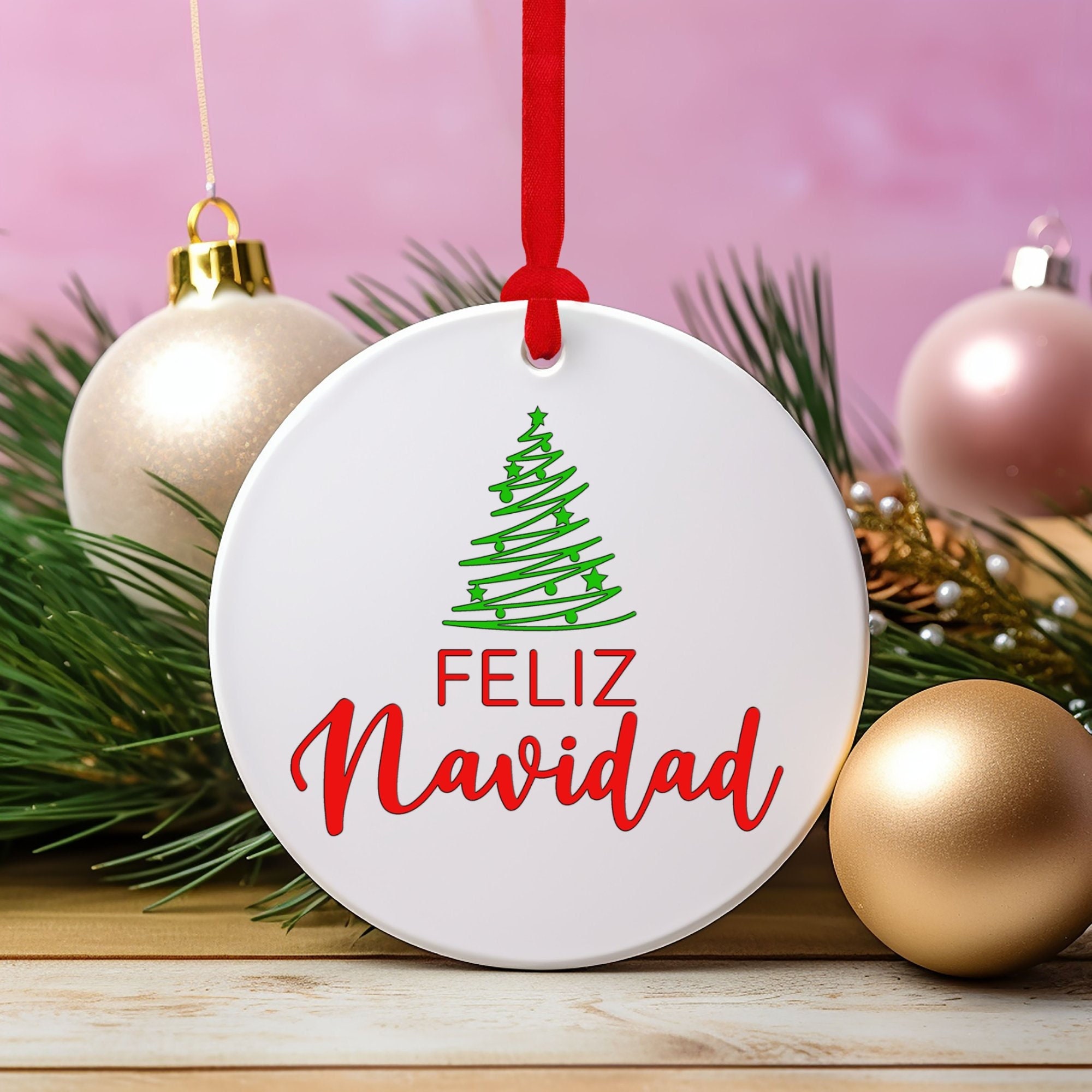 Feliz Navidad Round Ceramic Christmas Ornament, Xmas Tree Decor, Trendy Gift For Family And Friends, Gift For Christmas, Holiday Tree Decor