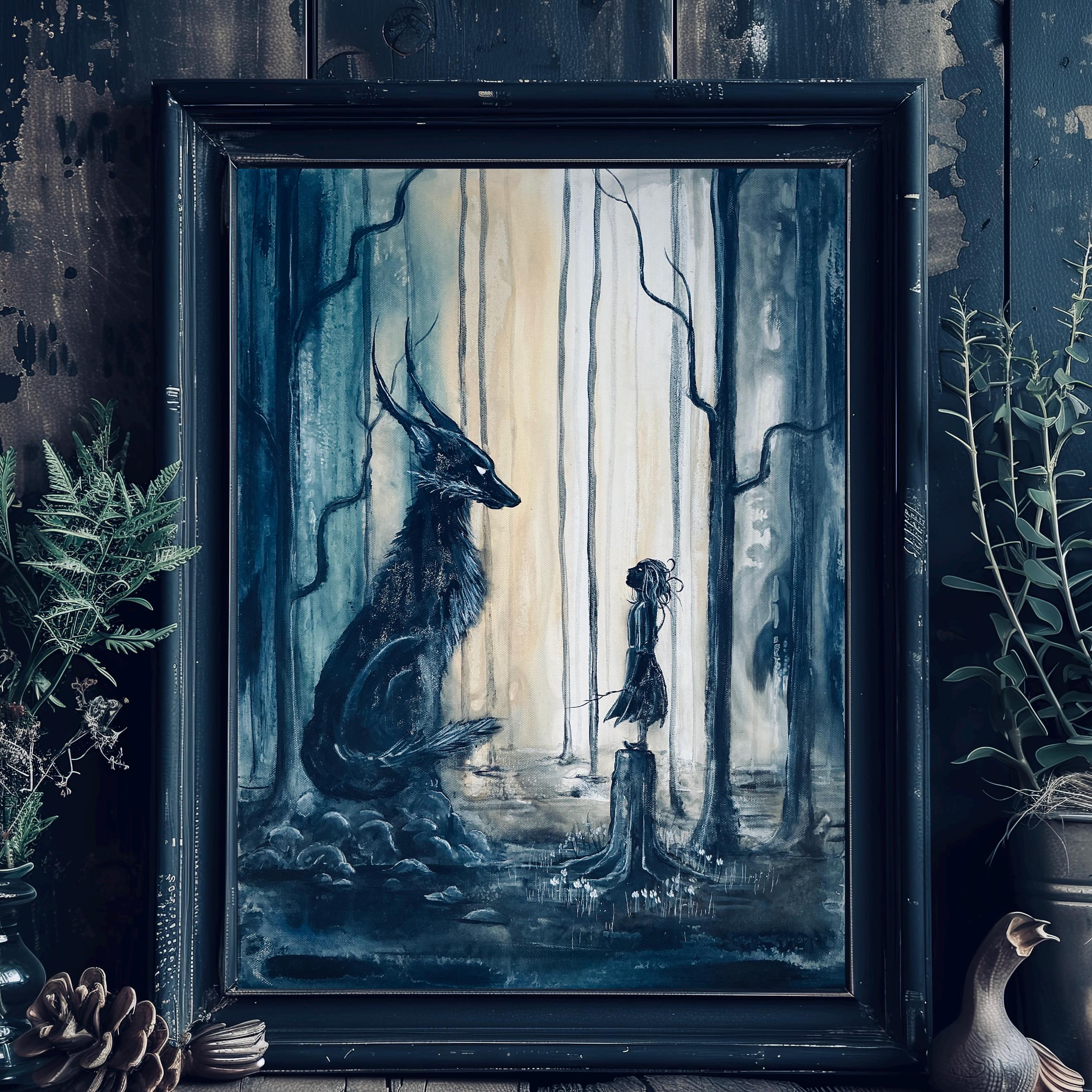 Meeting of the Magi - Fantasy Art Print - Shadow Girl & Otherworldly Wolf in Dark Forest
