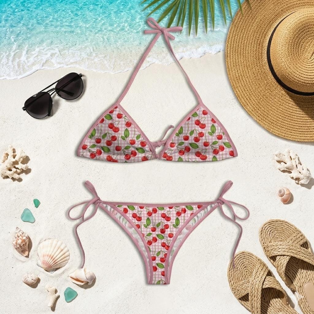 Cherry Print String Bikini Set, Y2K Retro Triangle Tie Side Swimsuit for Women