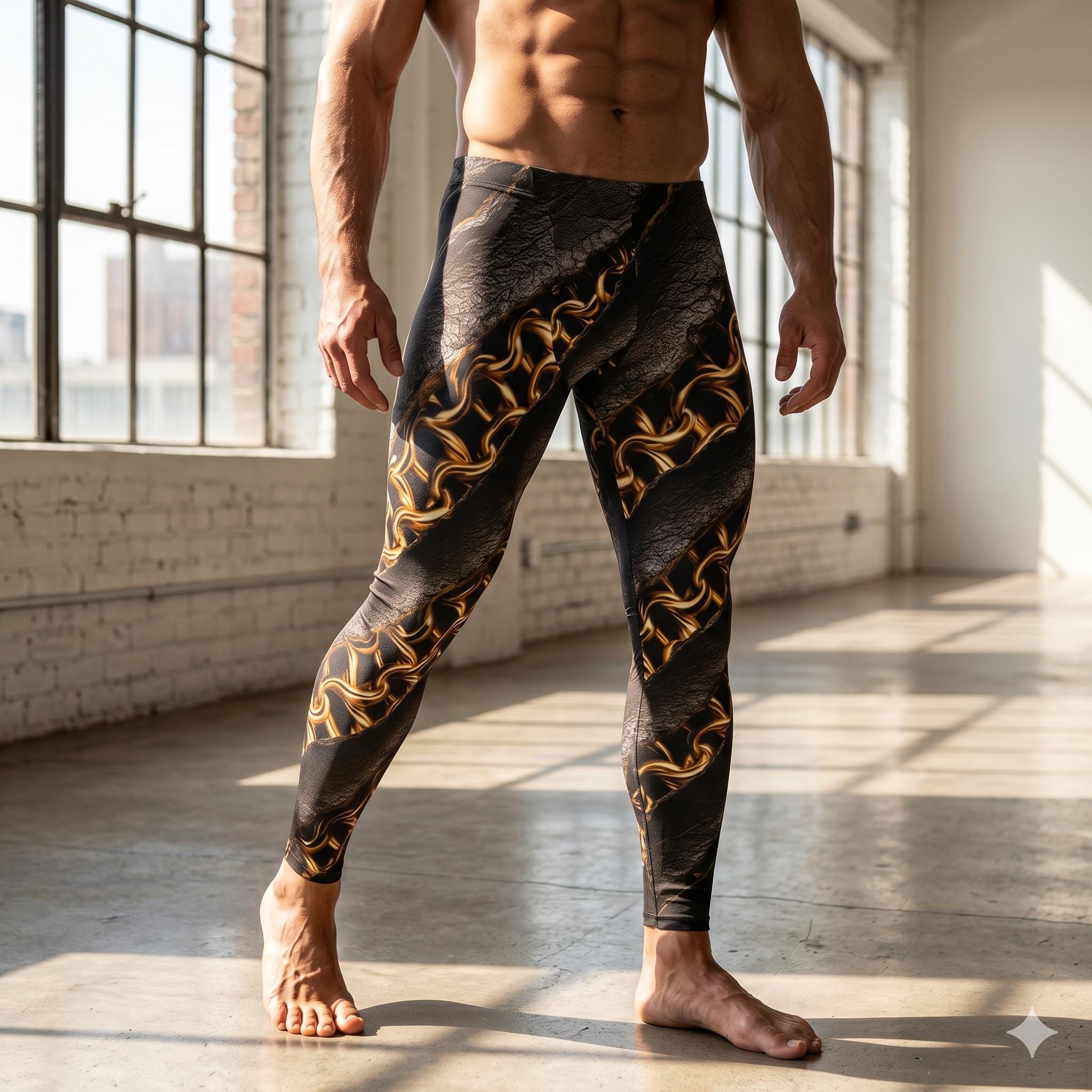 Gold Chain Slash Mens Leggings 3D Workout Pants Cycling Athletic Fitness Running Exercise, Steampunk Wrestling