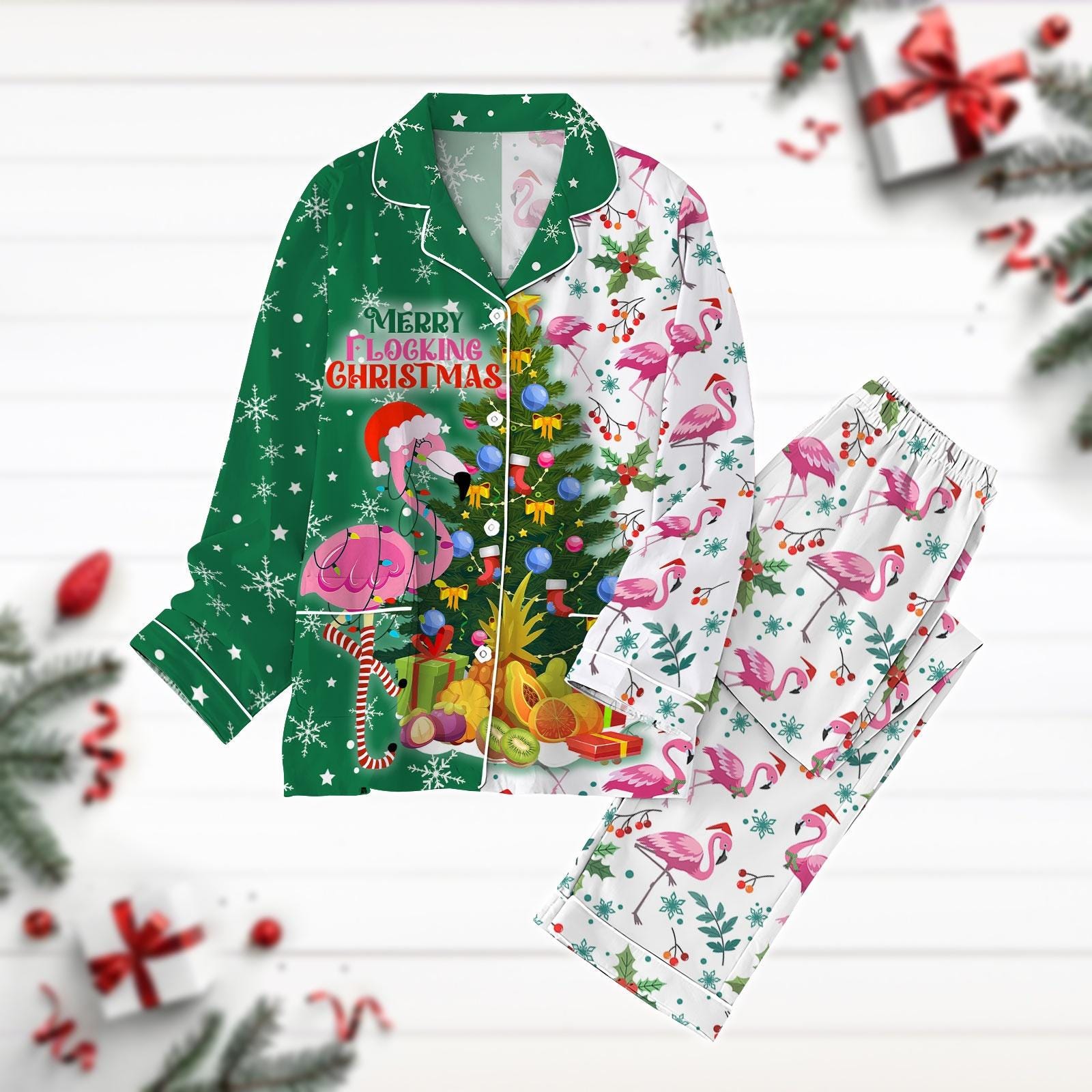 Merry Flocking Pajamas Set, Christmas Flamingo Holiday Pajamas, Animal Lover Gift, Long Sleeve Pyjamas, Womens Pajamas, Winter Season