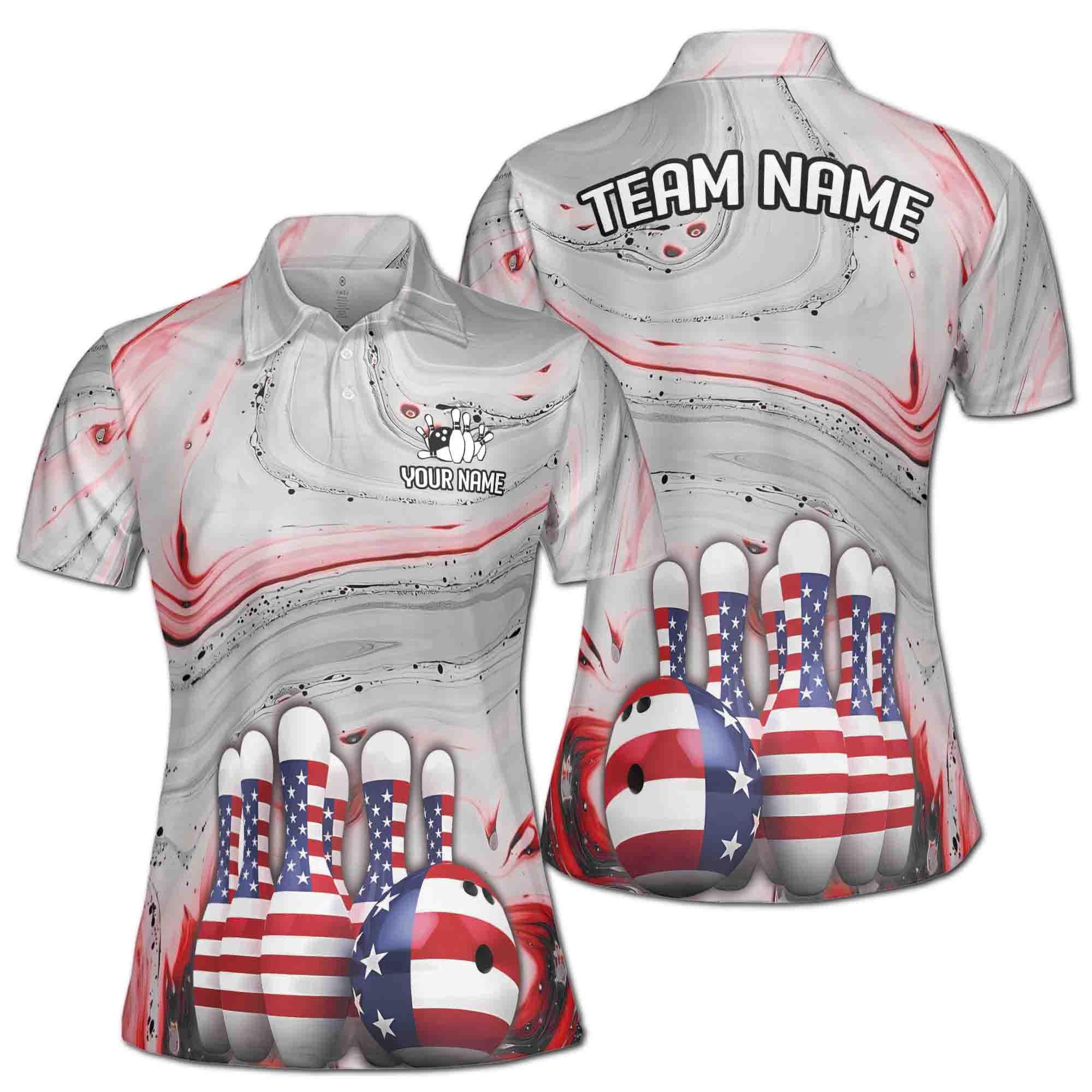 Personalized Gray Marbling America Bowling Lover Women's Polo Shirt