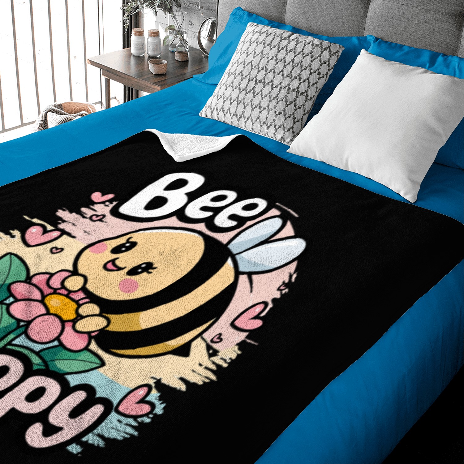 Bee Happy - Cute Kawaii Bee with Flower & Hearts Baby Blankets