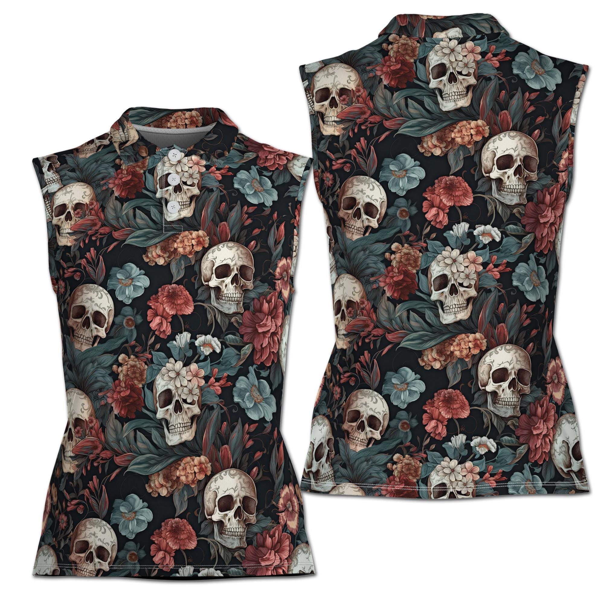Women's Sleeveless Polo Shirt with Floral Skull Grunge Print