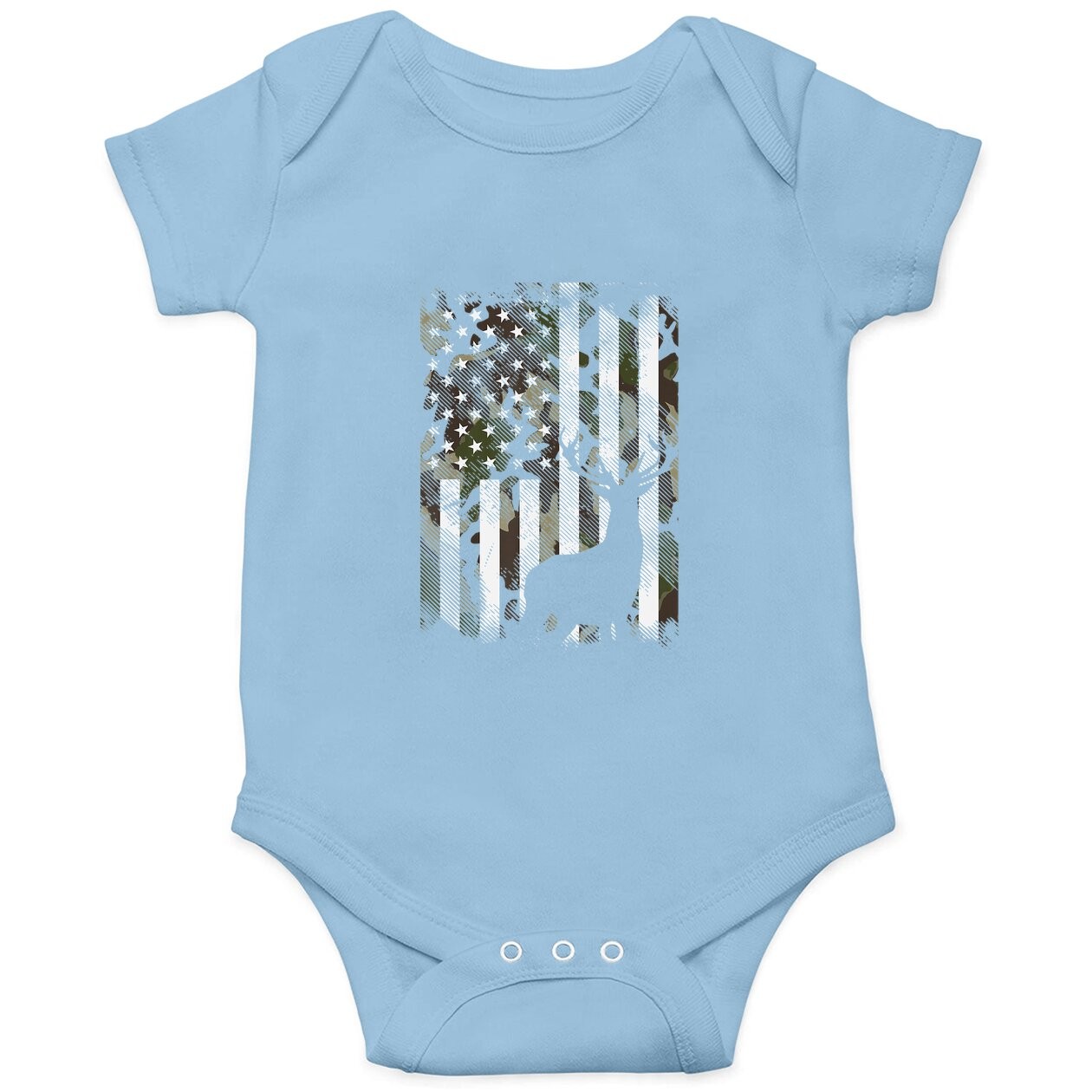 Camo Us Flag Deer Elk Buck Camoflage Hunting Hunter Dad Baby Bodysuit