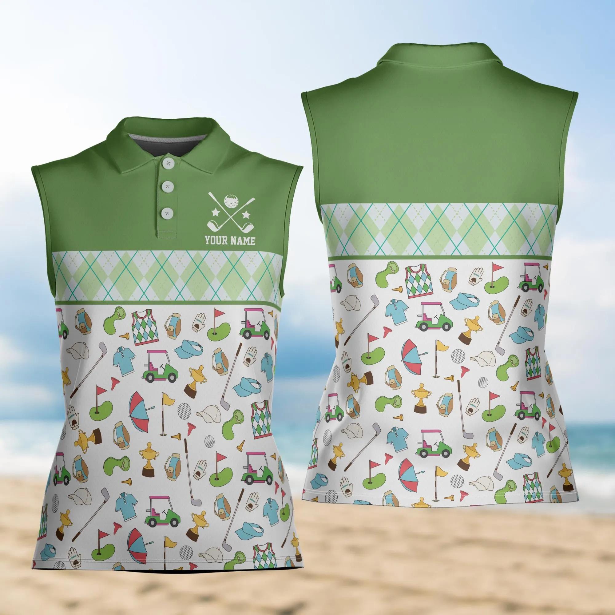 Custom Name Women's Sleeveless Golf Polo, Personalized Golf Lover Shirt, Argyle Pattern Polo Top, Country Club Golf Outfit