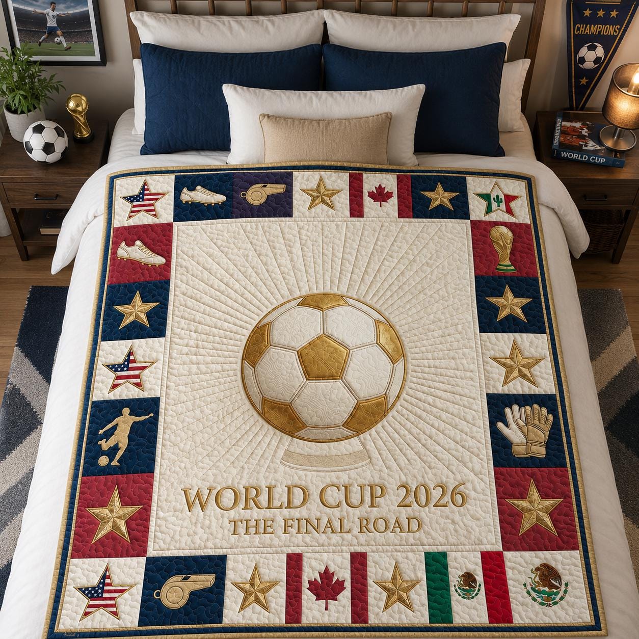 World Cup Final Road Quilt Blanket, 2026 Soccer Trophy Throw, 2D Printed Three Hosts Fan Bedding
