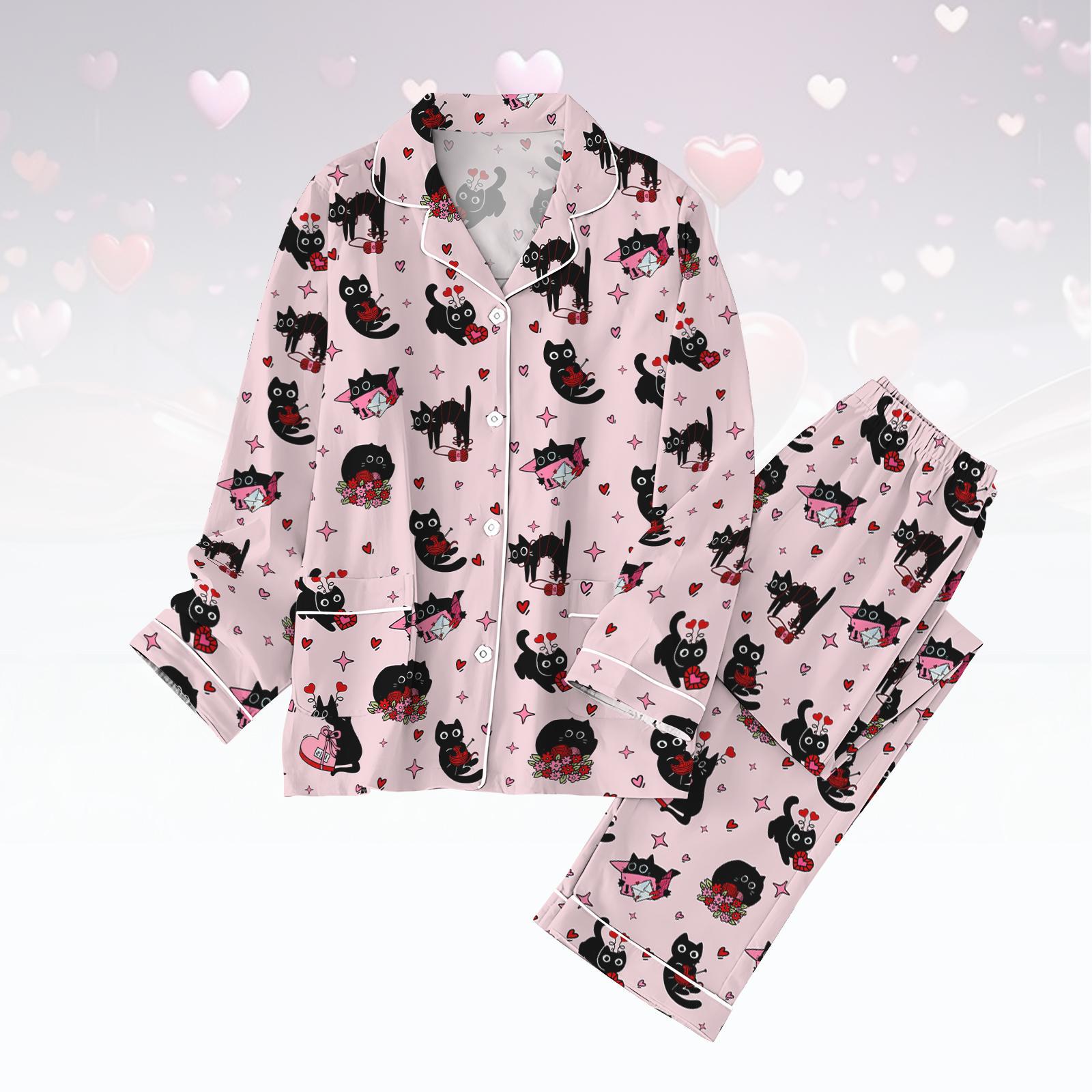 Valentine Cat Lover Pajamas, Love Women Pajamas, Black Cat Holiday Pajamas, Meowy Sleepwear