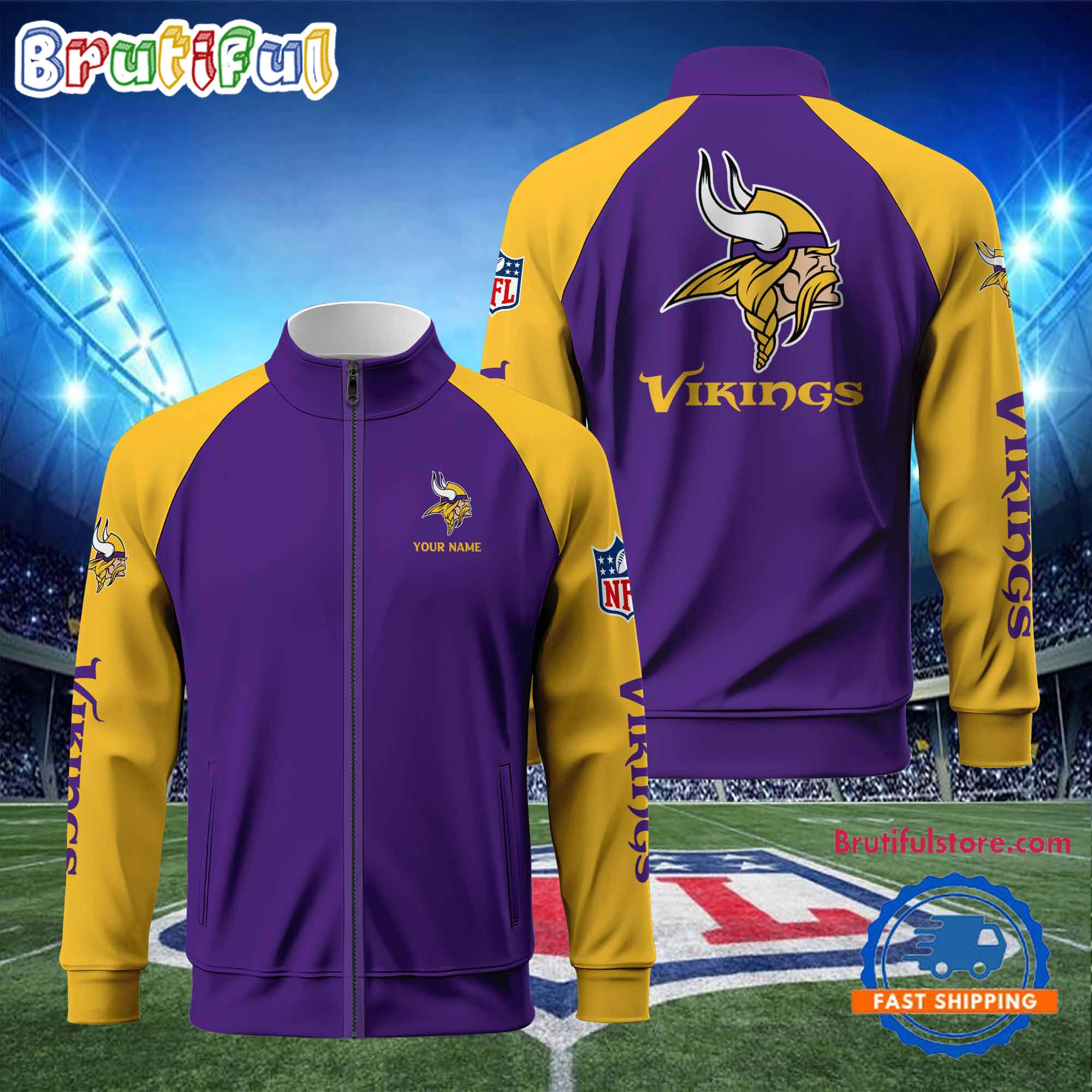 Minnesota Vikings Football Team Custom Name Standing Neck Zipper Jacket