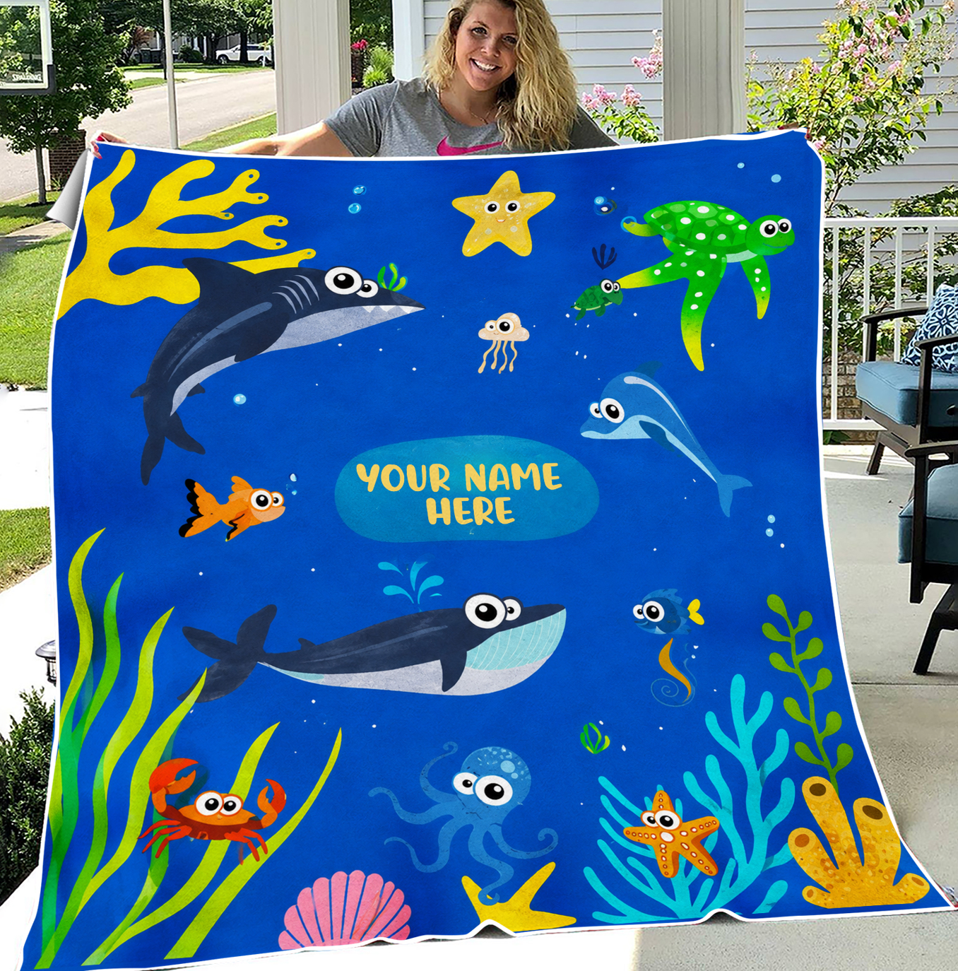 Personalized Marine Life Blanket, Gift For Little Boys or Girls, Warm Bedding