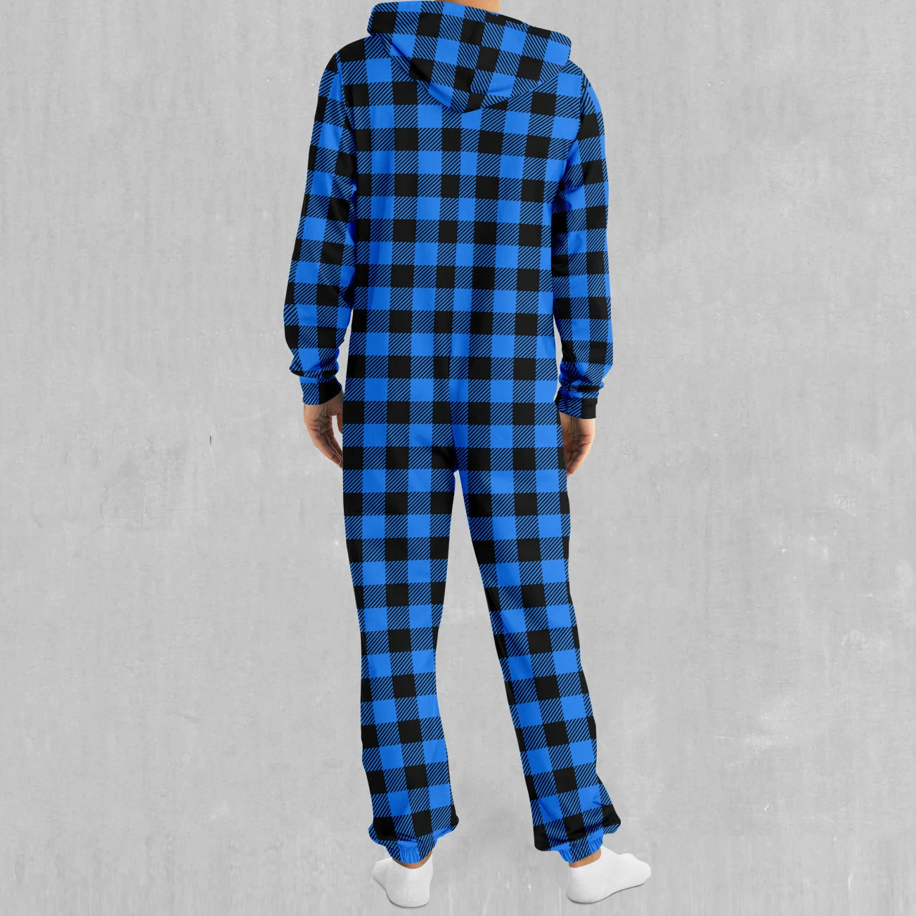 Blue Checkered Plaid Adult Zip Up Jumpsuit Pajamas