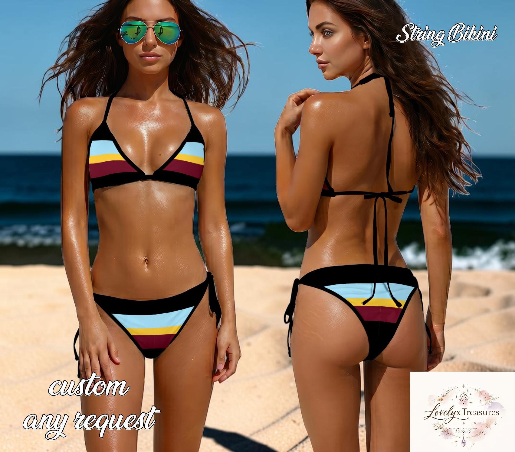 Rainbow Stripe Bikini Set, Black & White String Bikini, Triangle Tie Side Swimsuit, Sexy Summer Beach Swimwear Women