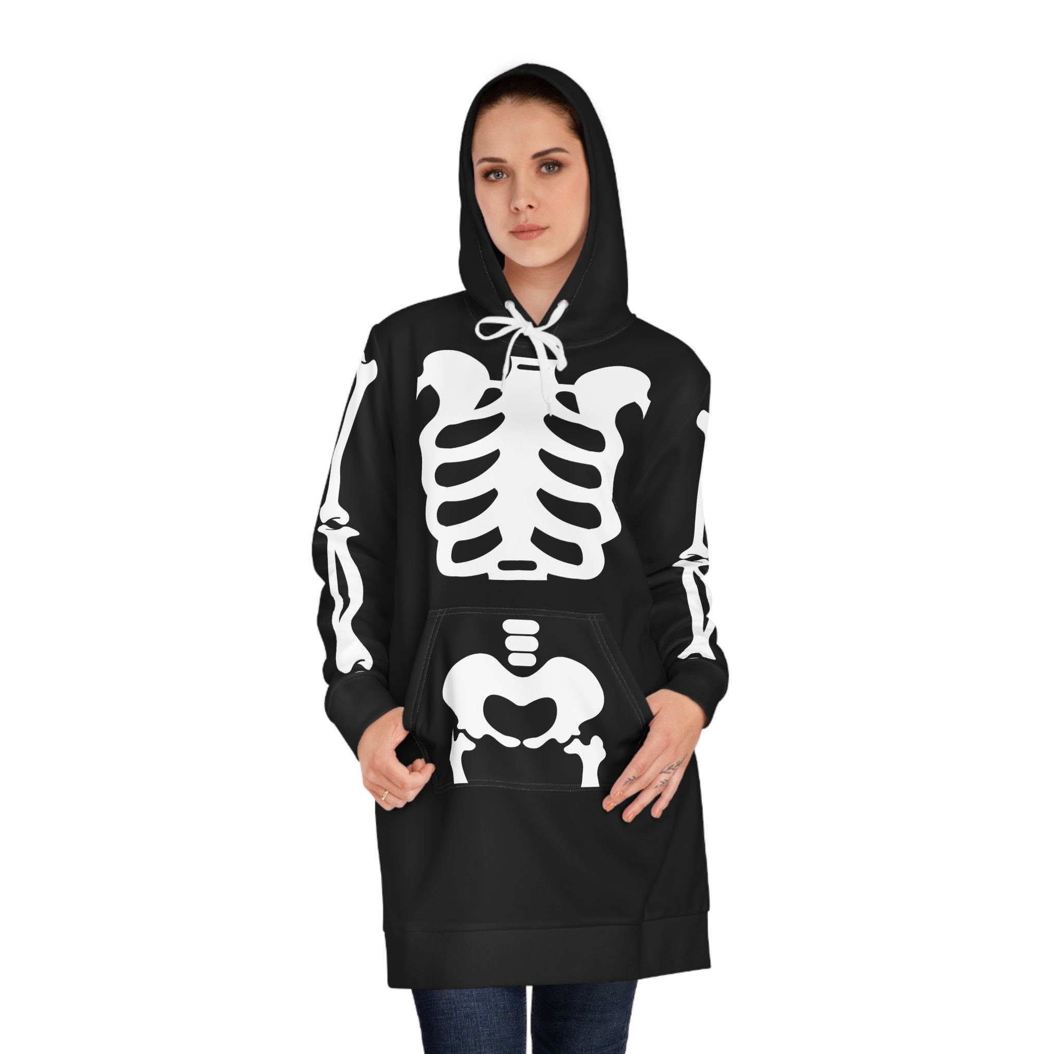 Spooky Skeleton Bones Body Halloween Costume Gifts for Women and Girls and Girlfriends Trick Or Treat Women's Black And White Hoodie Dress