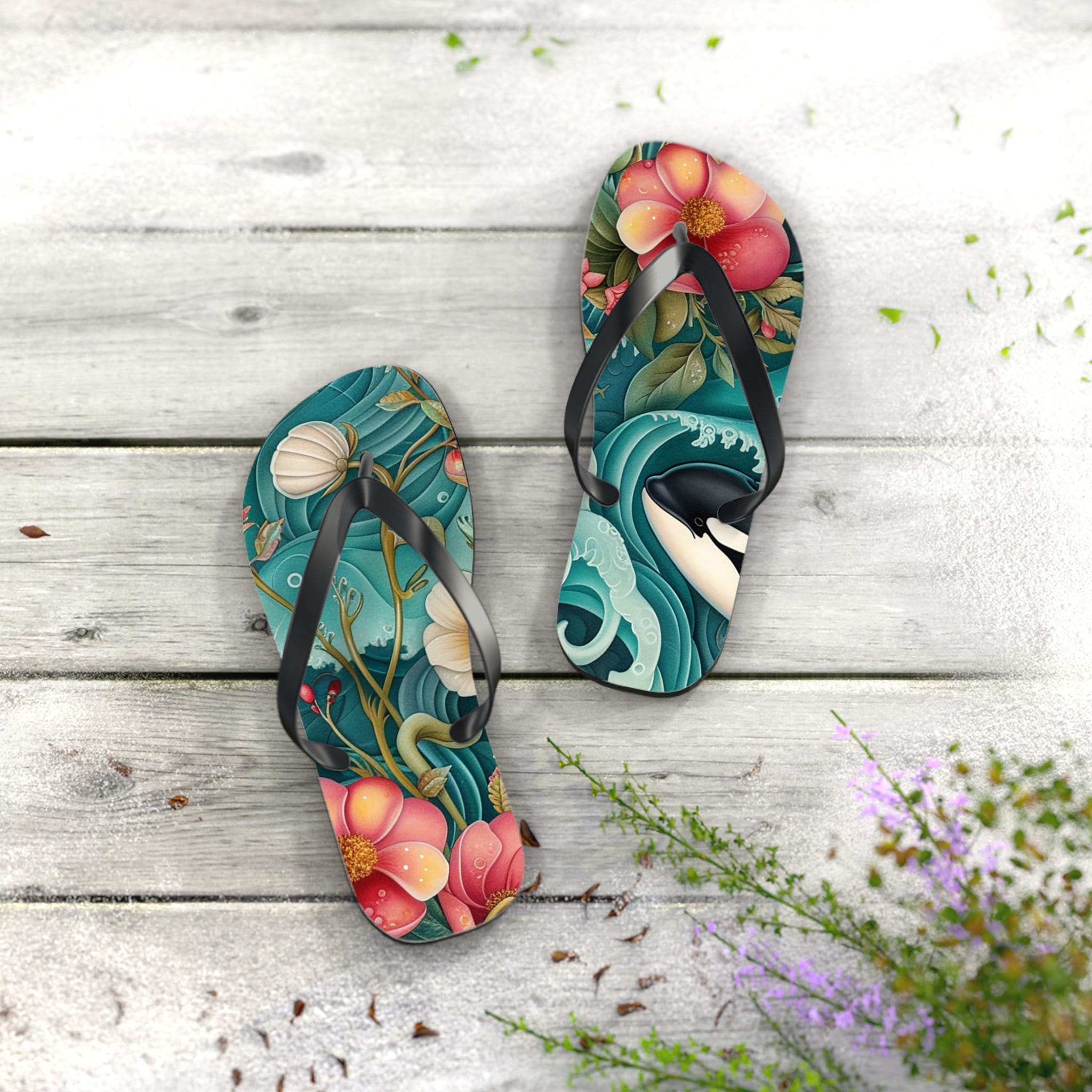 Floral Ocean Flip Flops - Killer Whale