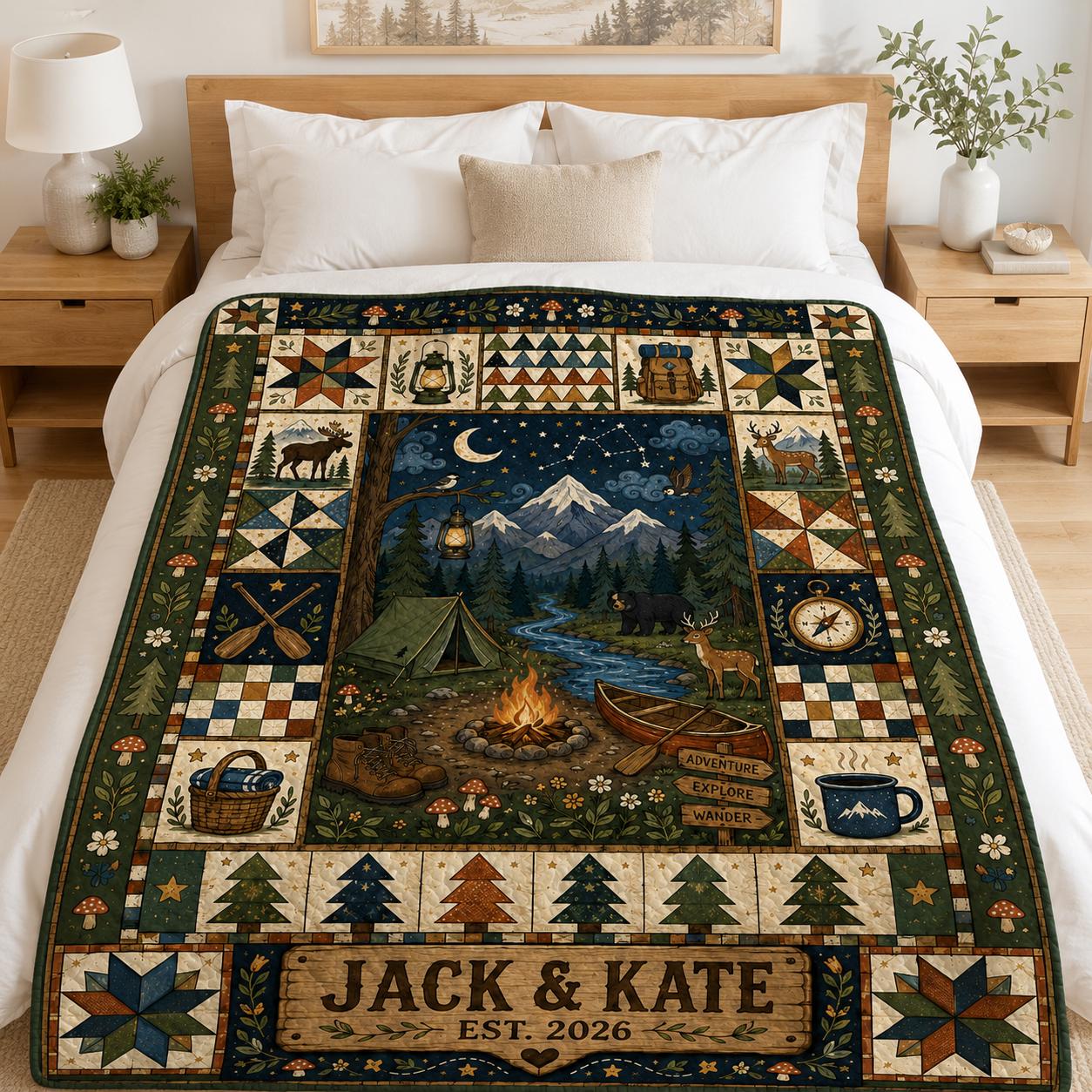 Personalized Camping Quilt Blanket, Custom Couple Name Outdoor Adventure Throw, Rustic Cabin Wedding Gift