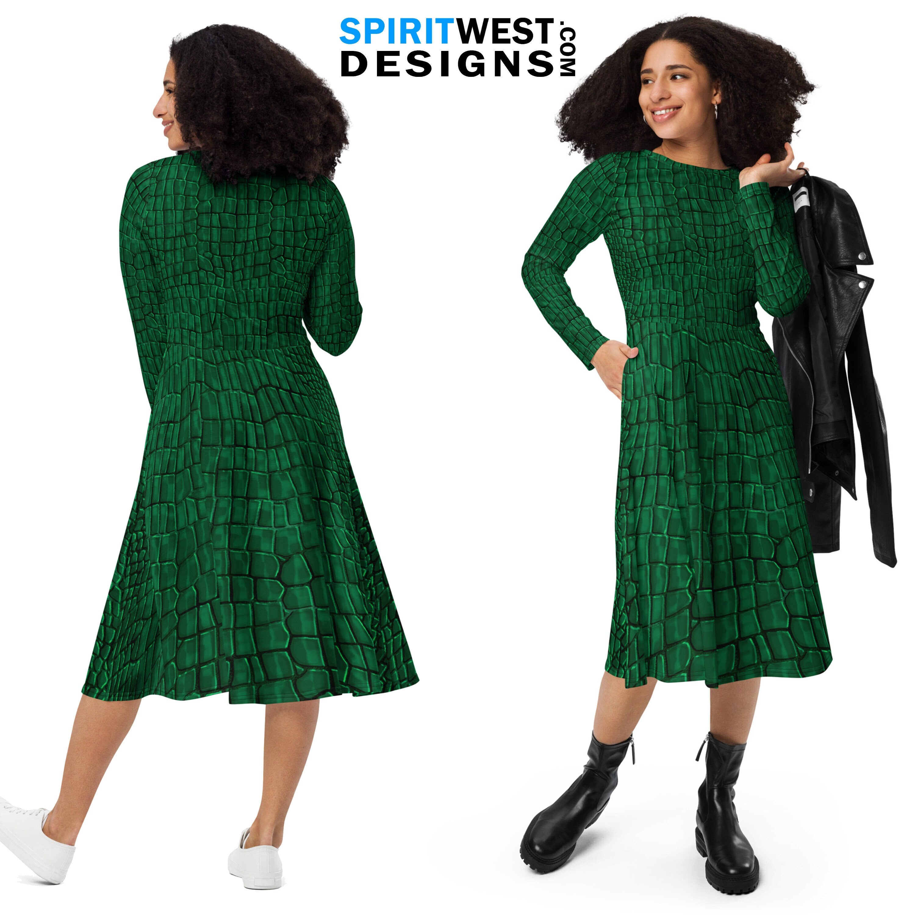 Alligator Crocodile Costume Long Sleeve Pocket Dress Skater Fitted Bodycon Dress Reptile Dragon Skin Cosplay Halloween Dance Gift