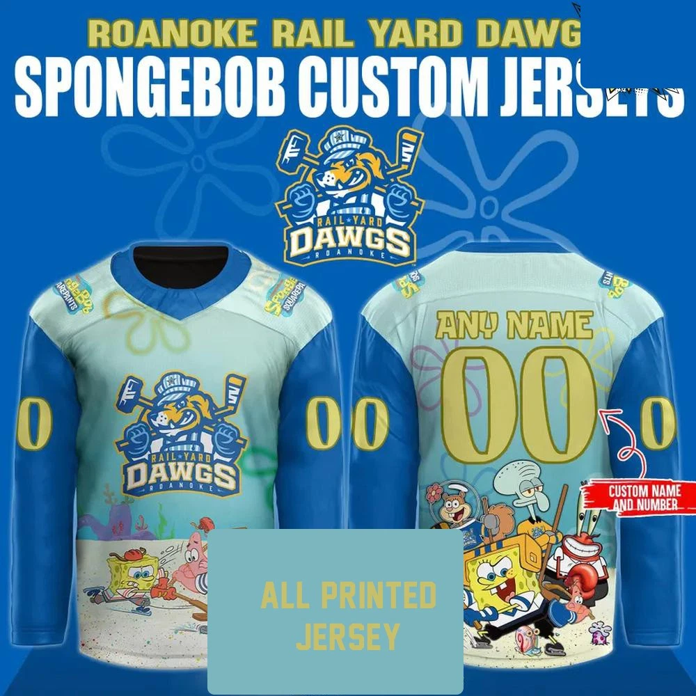 Personalized Roan.oke Ra.il Ya.rd Da.wgs SpongeBob Night Hockey Shirt Men's