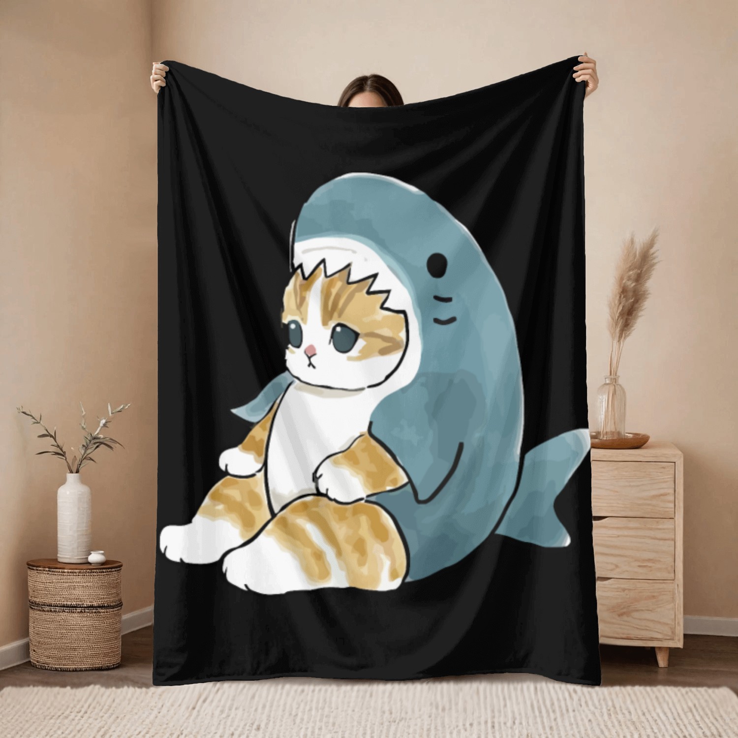 sand cat love pet cat shark Throw Blankets