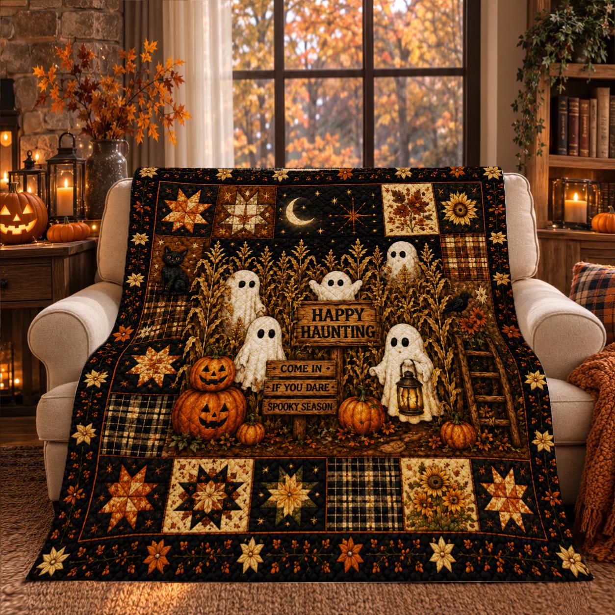 Halloween Ghost Quilt Blanket, Spooky Season Blanket, Pumpkin Patch Decor, Cozy Fall Quilt