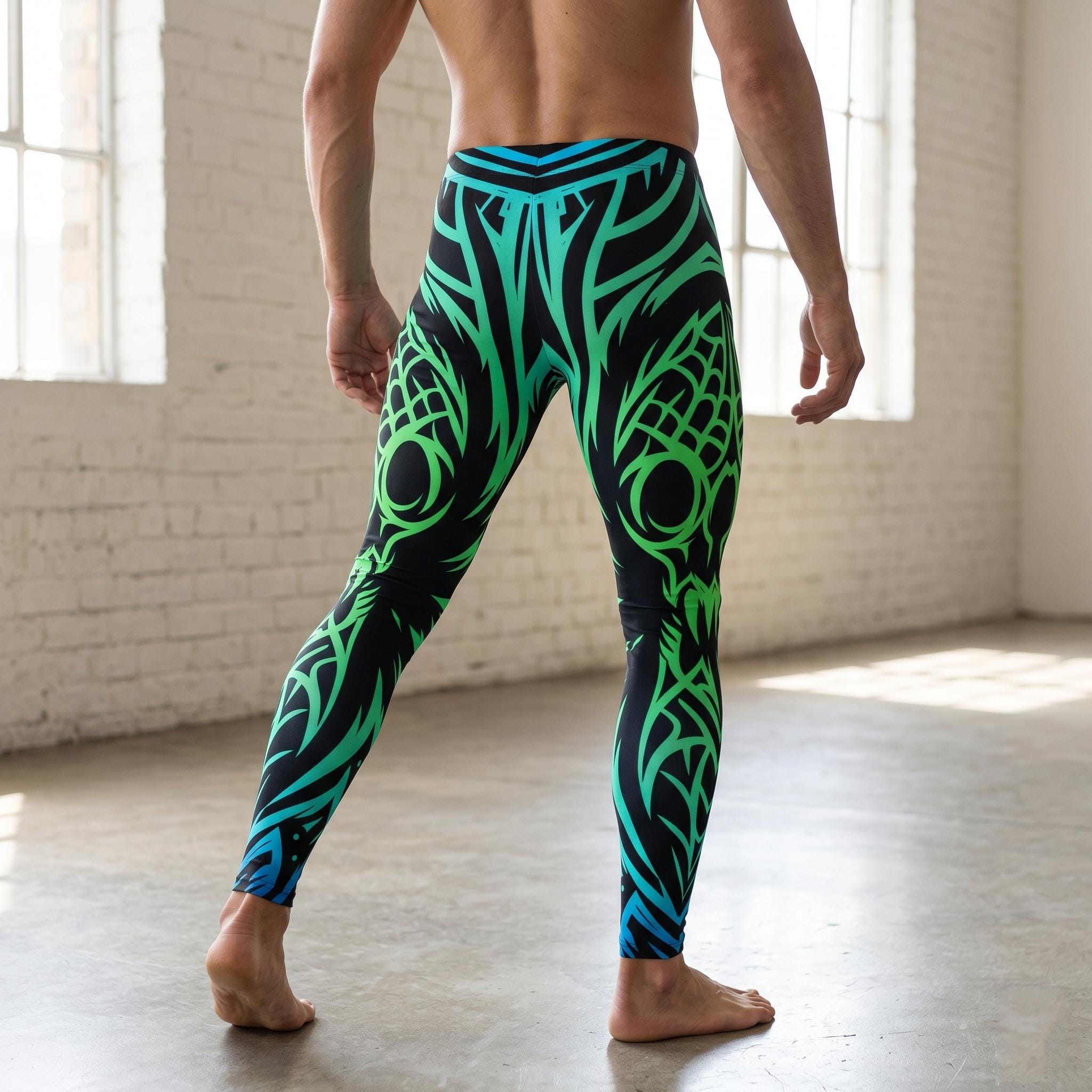 Aqua Tribal Spider Mens Leggings Graphic Ink Workout Pants Tattoo Cycling Athletic Fitness Running Exercise Sports Wrestling Maori Spiderweb