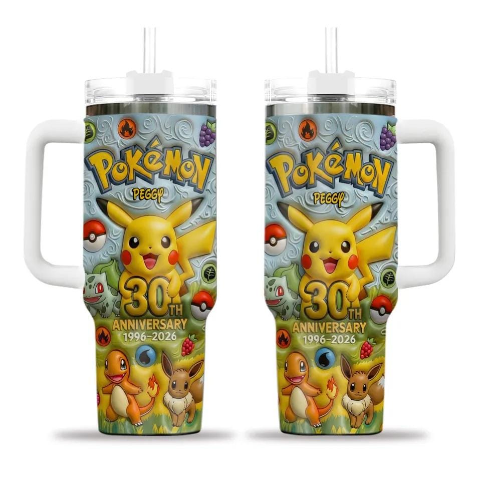 Pokemons 30th Anniversary 2026 Custom Name 40oz Tumbler with Handle