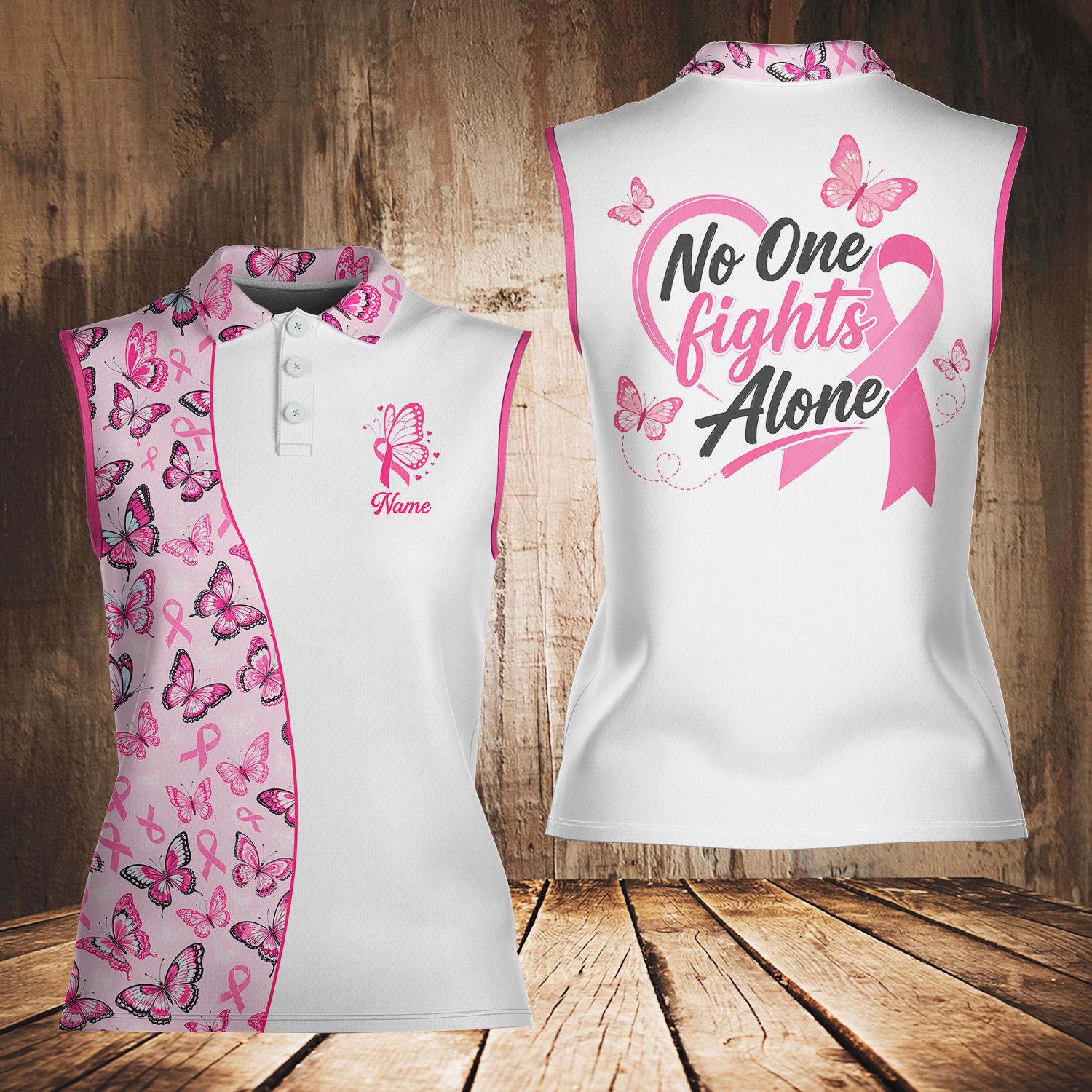 Women's Sleeveless Polo Shirt Custom Name Pink Ribbon Breast Cancer Awareness Support Clothing