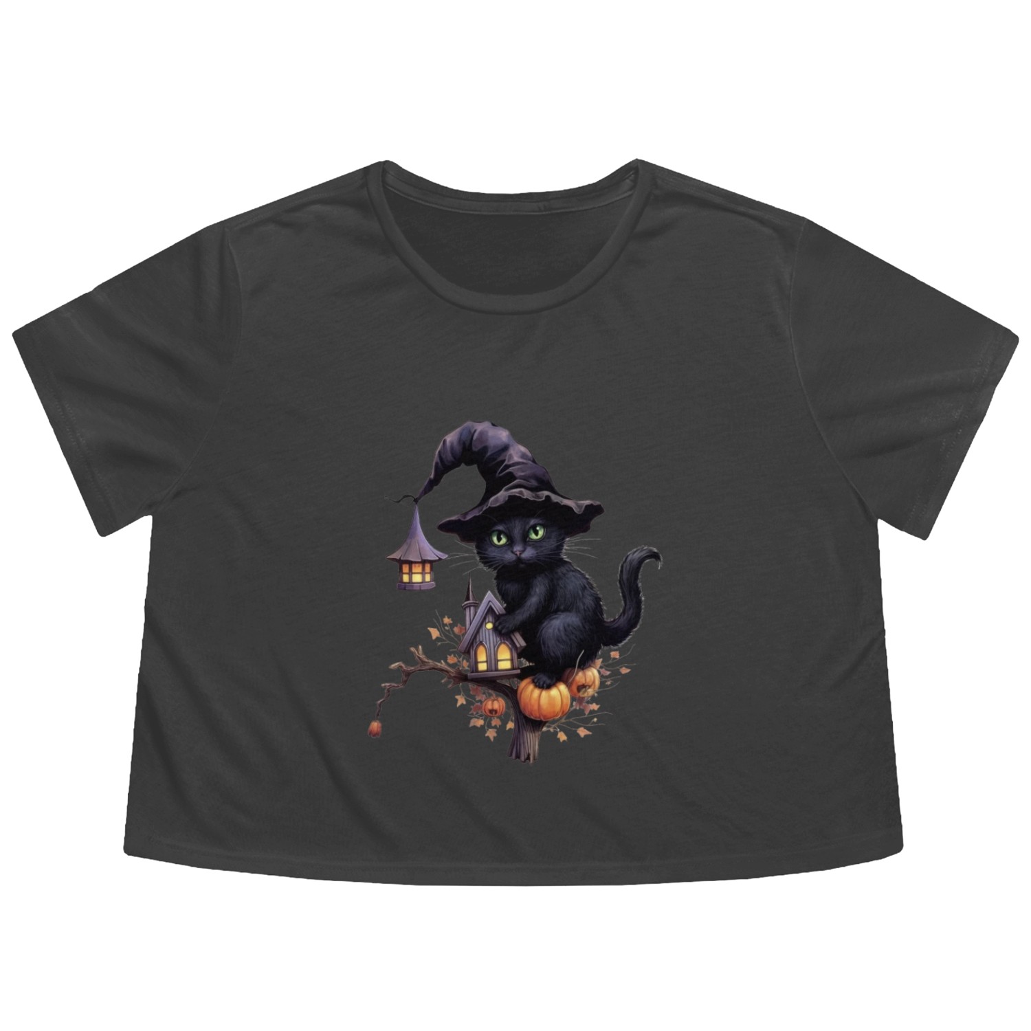 Cat Sticker, Black Cat Witch, Halloween, Flowy Cropped Tees