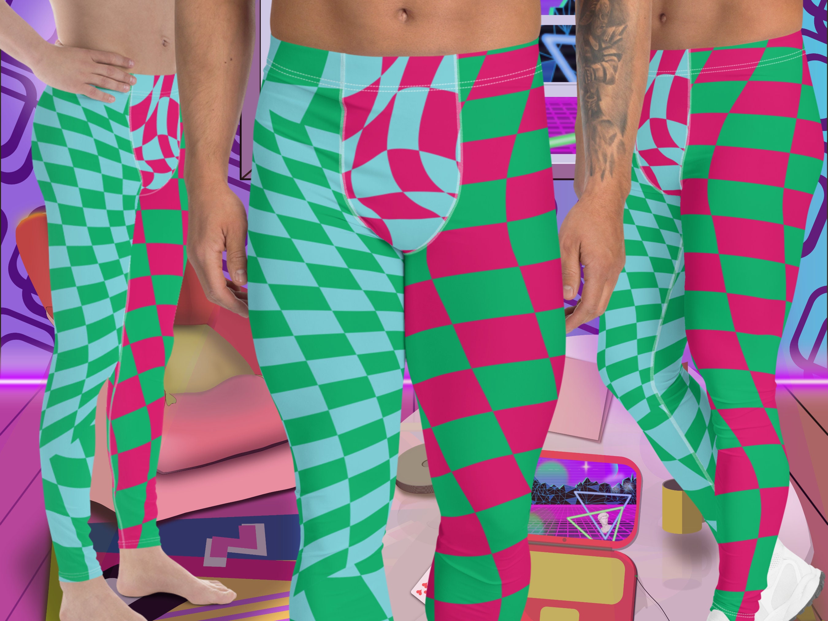 Mens Leggings Glitchcore Harlequin, Pro Wrestling Tights, Guys Running Tights